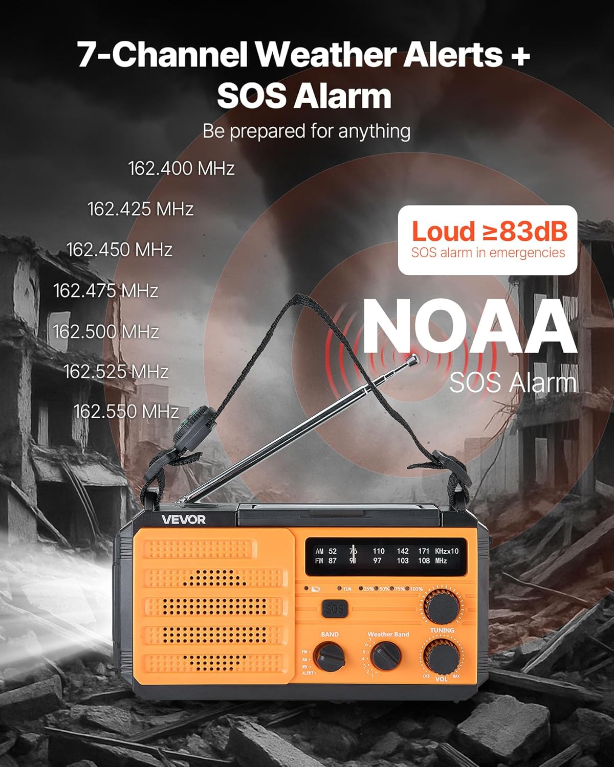 VEVOR Emergency Weather Radio displaying NOAA weather alert frequencies and SOS alarm.