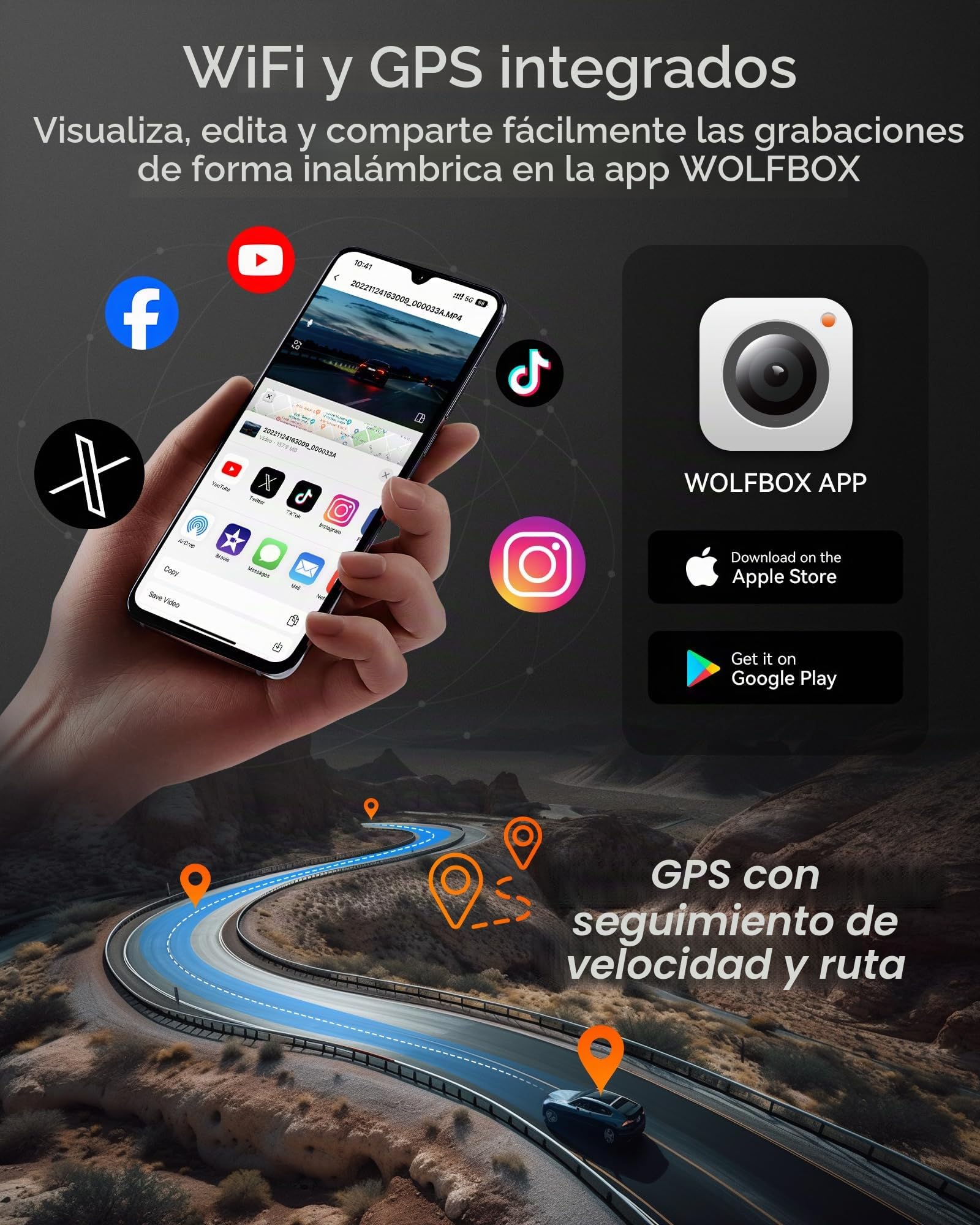 WOLFBOX i07 Dashcam, Cámara de Salpicadero para Coche de 3 Canales con WiFi GPS, 4K+1080P para Frontal e Interior, 1440P+1080P+1080P, 3" LCD Super IR Visión Nocturna, Monitor de Aparcamiento