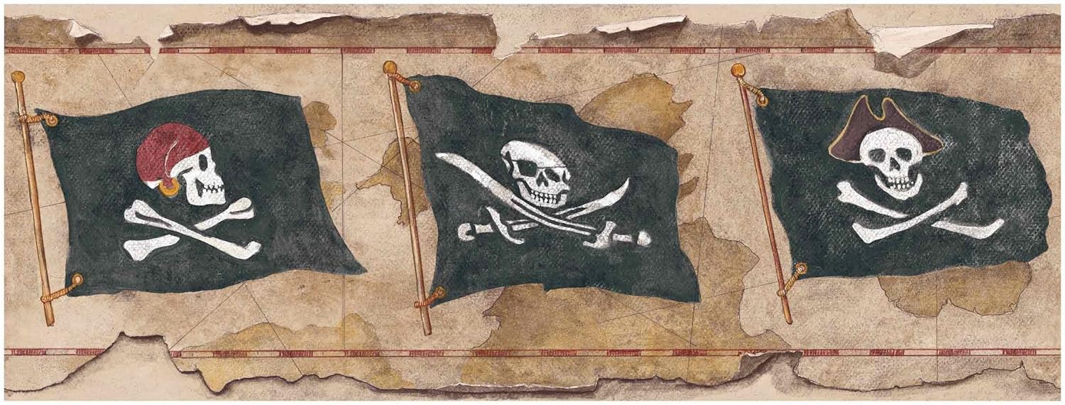 York Wallcoverings BT2812B Pirates Flag Border, Cork Gold/Charcoal Black/Rustic Red
