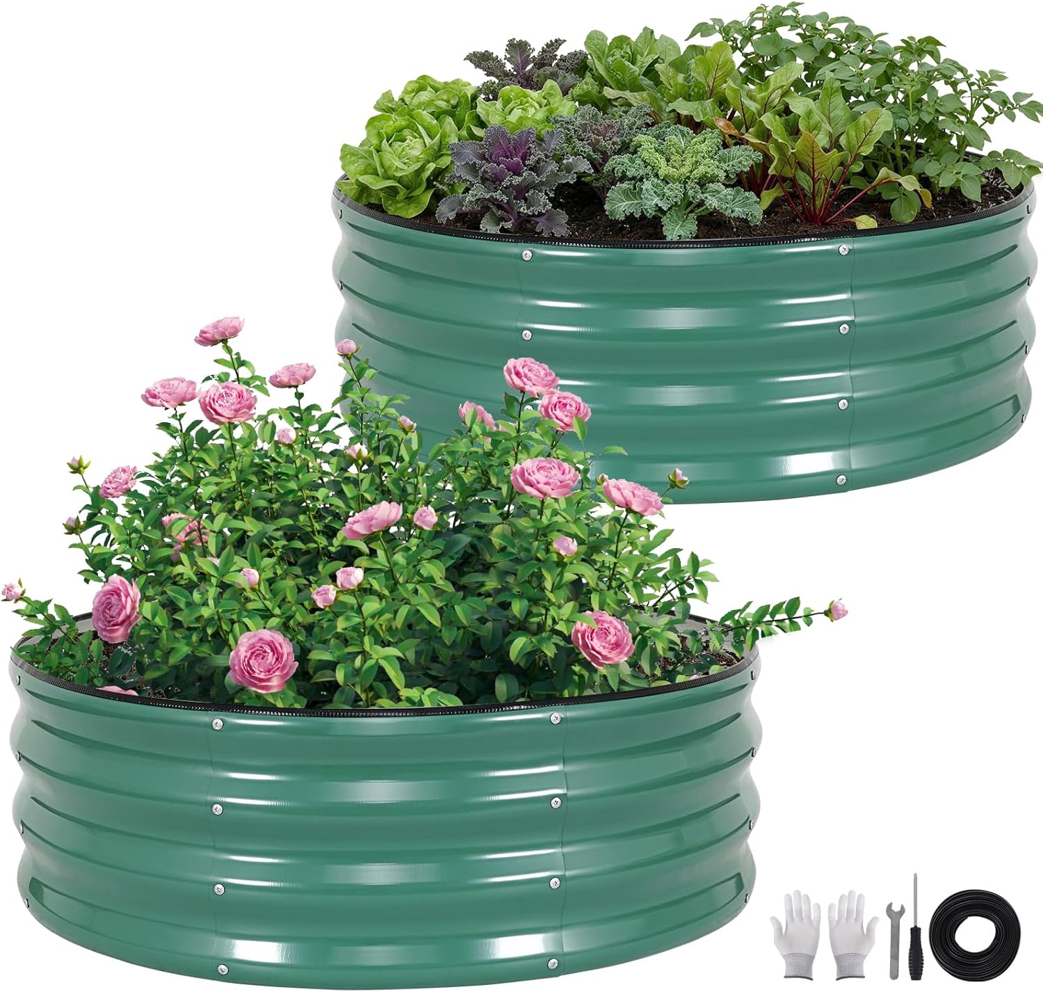 ZORMY Galvanized Raised Garden Bed Outdoor, Round Metal Planter Boxes 2 Pcs, 3x3x1ft Steel Raised Bed Kit for Planting Vegetables, Fruits, Flowers(LotusGreen)