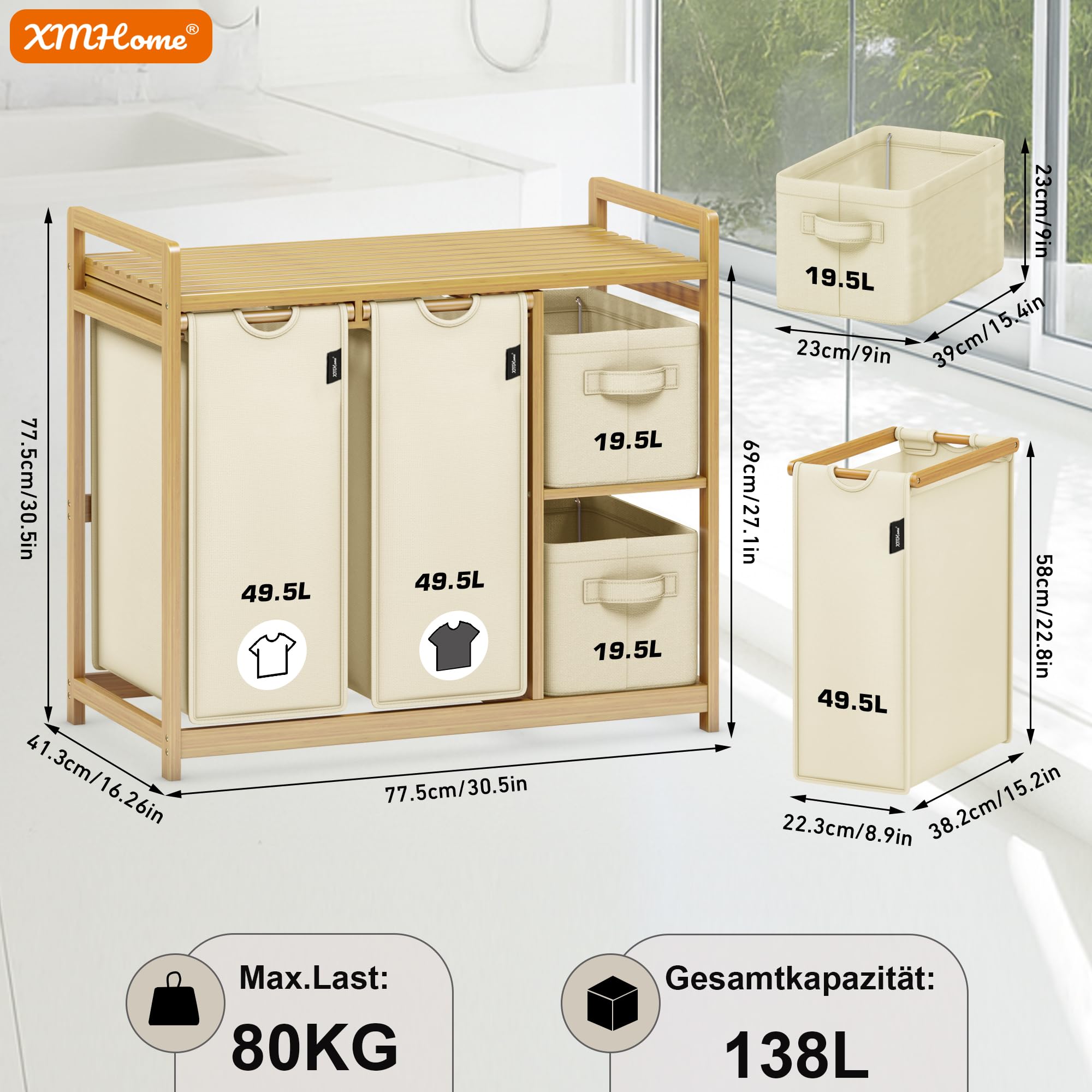 Cesto portabiancheria da 138 l, con 2 sacchetti per la biancheria e 2 scatole portaoggetti, in bambù | Cesto portabiancheria a 4 scomparti con ripiano in bambù, per bagno, camera da letto e lavanderia, beige