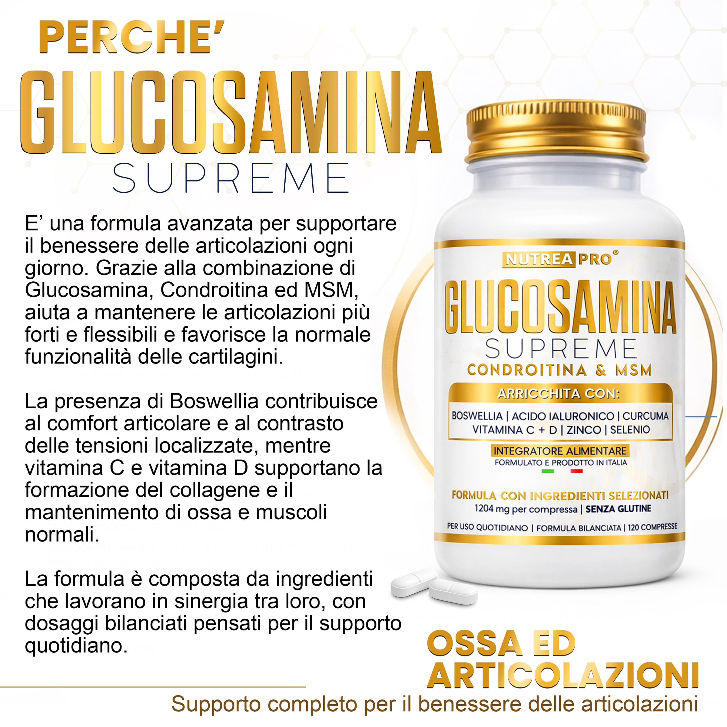 Glucosamina Condroitina MSM NUTREA PRO® | Formula Complex 2408 mg con Boswellia Serrata | 1000mg Glucosamina, 500mg Condroitina, 500mg MSM | integratore articolazioni e Mobilità | 120 Cps ITA