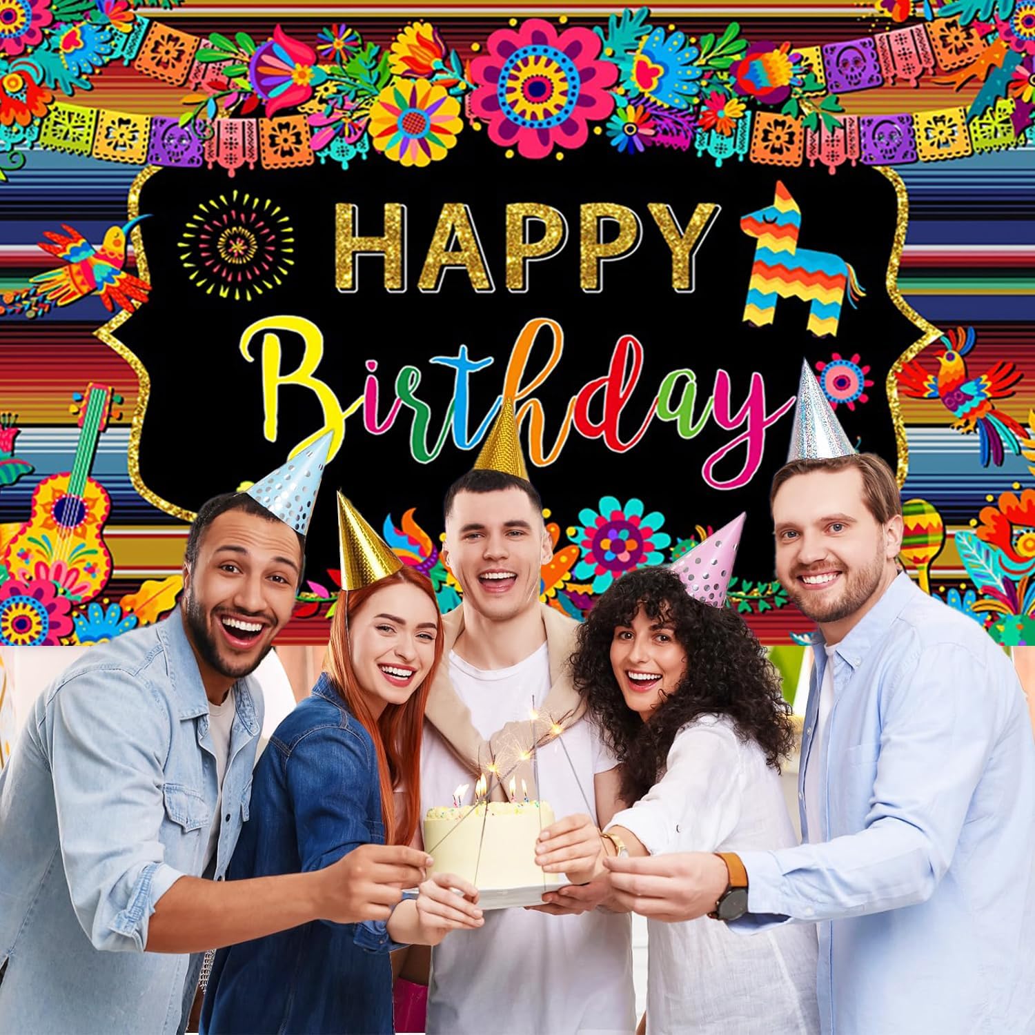 Mexican Fiesta Themed Birthday Backdrop Colorful Paper Floral Birthday Photography Background for Mexico Cinco De Mayo Birthday Party Decor Banner Supplies Photo Photobooth Props 5x3ft image 4