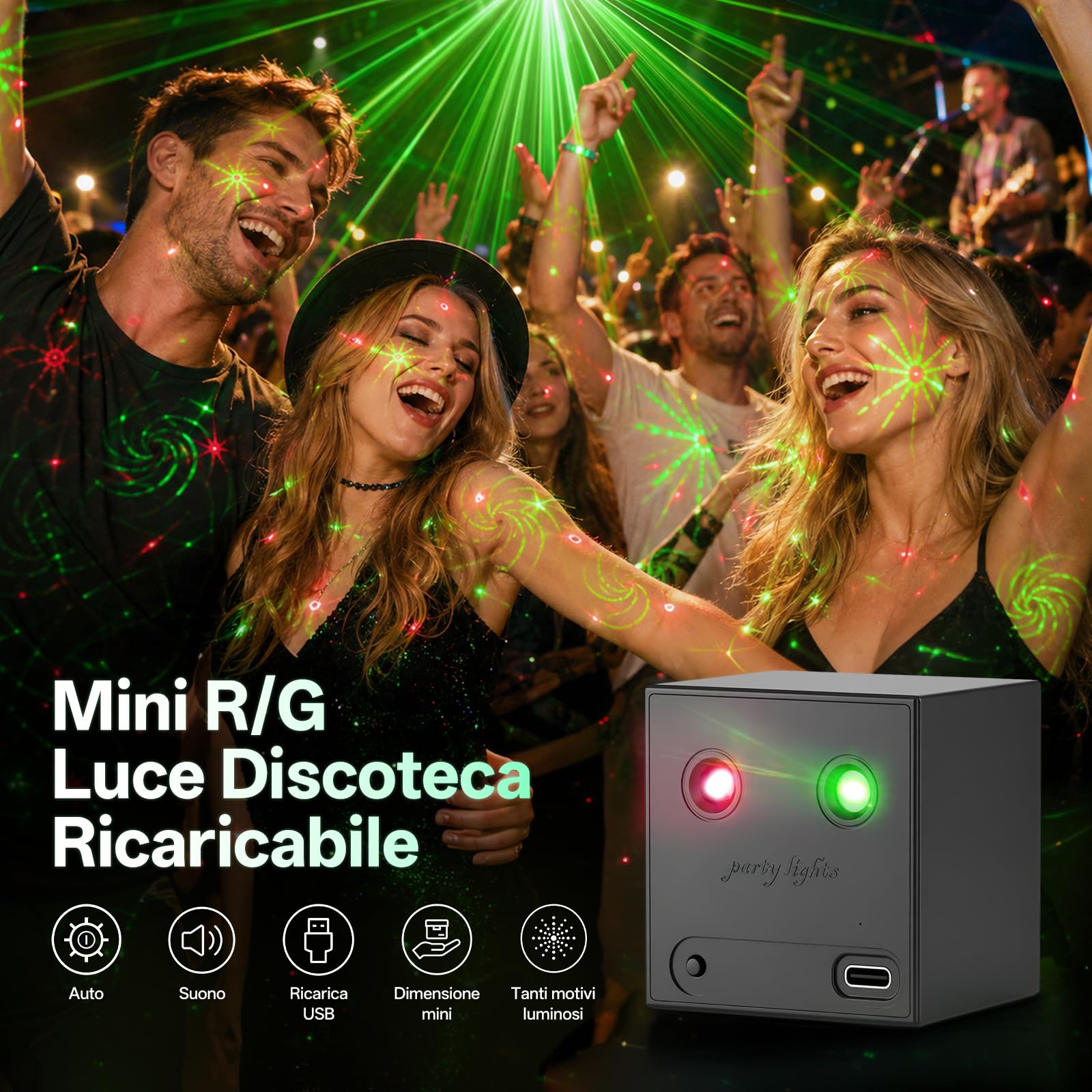 4PCS Mini Luci Discoteca Batteria, R/G Luce di Scena Controllate dalla Musica con 64 Effetti Luminosi Dinamici, Ricarica Type-C, Luci Festa per DJ Bar Club Halloween Matrimoni Natale