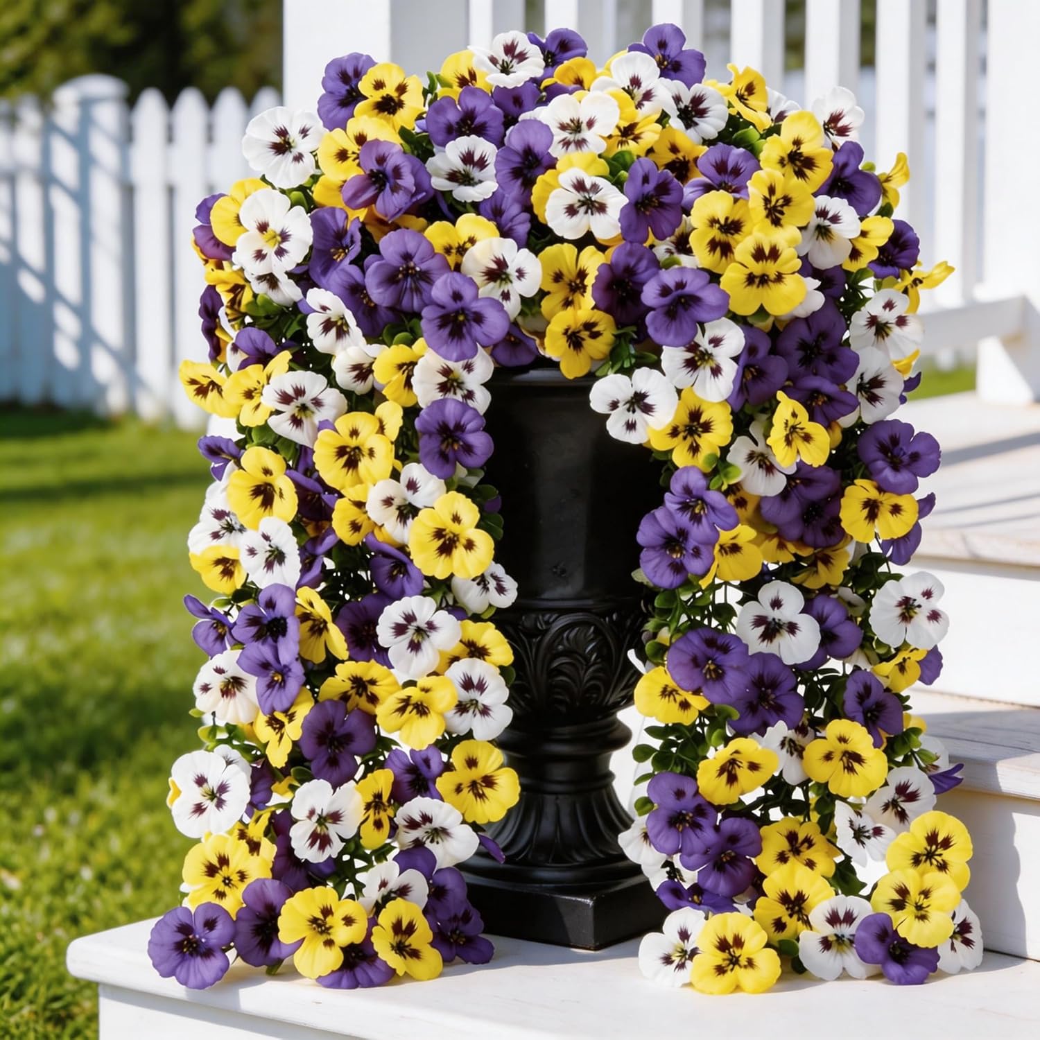 Artificial Pansies Flowers for Outdoors, 2 Pcs Faux Hanging Pansy UV Resistant Fake Plants for Outside Planter Porch Yard Patio Home Decor, Yellow White Purple