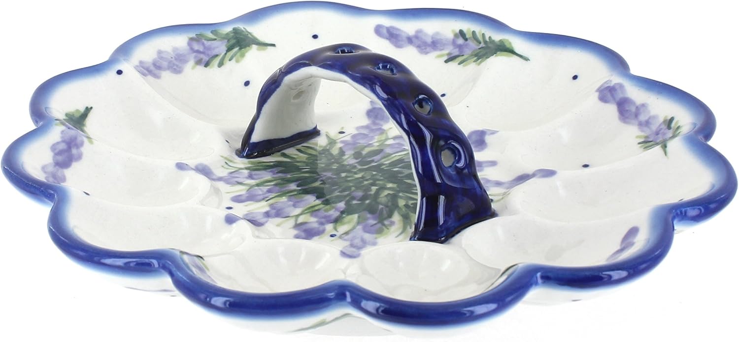 Blue Rose Polish Pottery - Purple Lavender Fields Egg Plate - 9" Diameter - Hand-Painted Polish Pottery Ceramic Deviled Egg Platter for Serving, Entertaining & Holidays