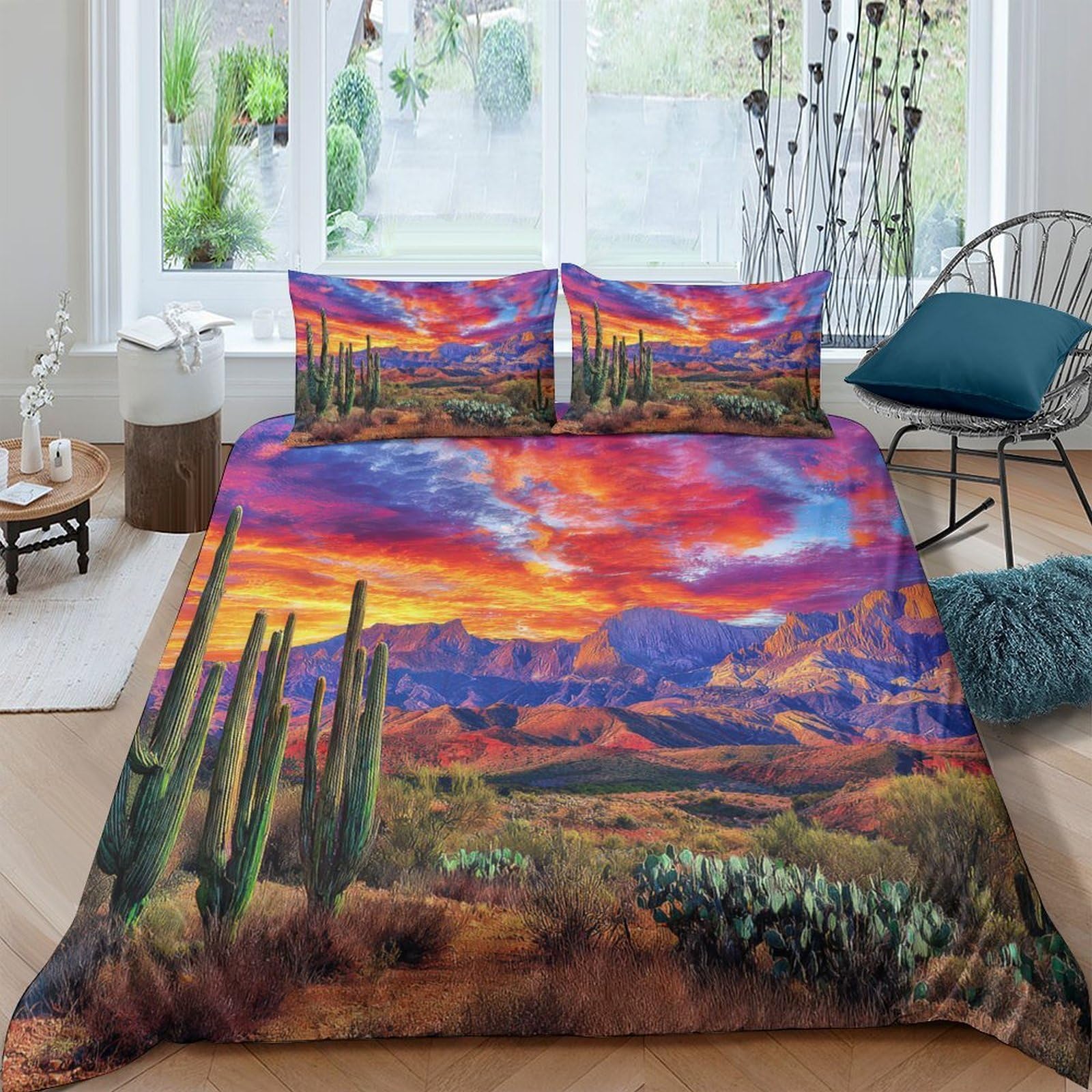 Ctjqhvkz Style-10 3D Printed Sunset Desert Fitted Sheet Microfiber Soft Cactus Landscape Bed Cover For Bedroom Guest Room Decor Single（135X200cm）