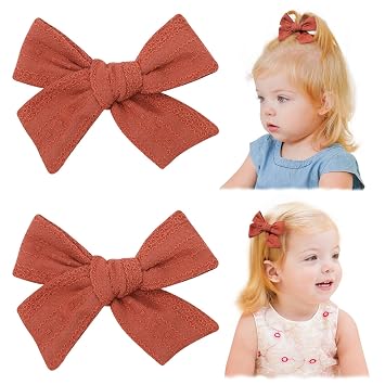 Jollybows 2pcs 3.2" Hair Bows Clips for Baby Girl Christmas Toddler Pigtail Bows Neutral Linen Hair Clip -Brick Red