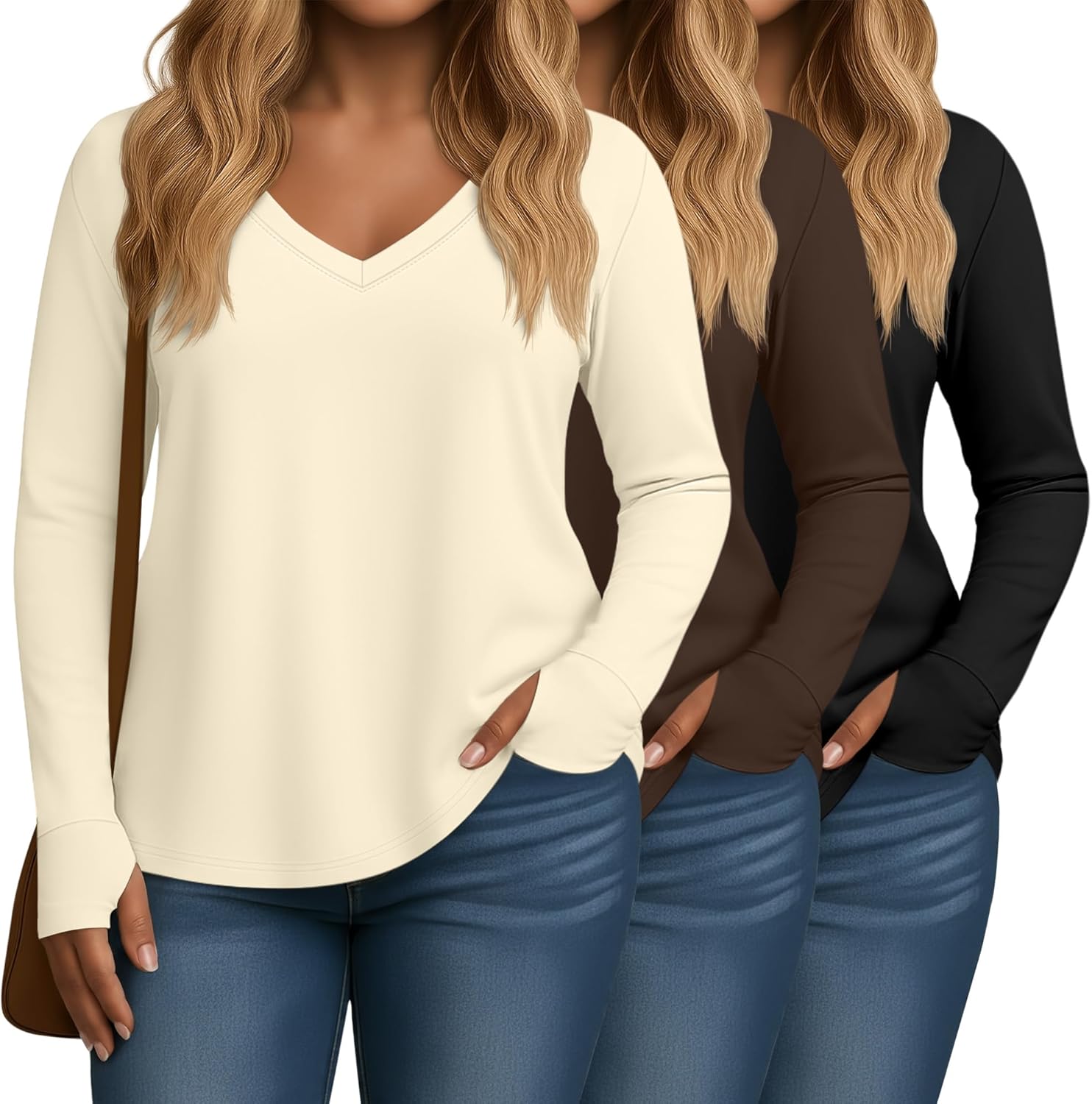 Huukeay 3 Pack Women's Plus Size Long Sleeve Shirts Thumb Holes V Neck Tunic Tops Loose Fit Curved Hem Casual 2026 Y2k Tees