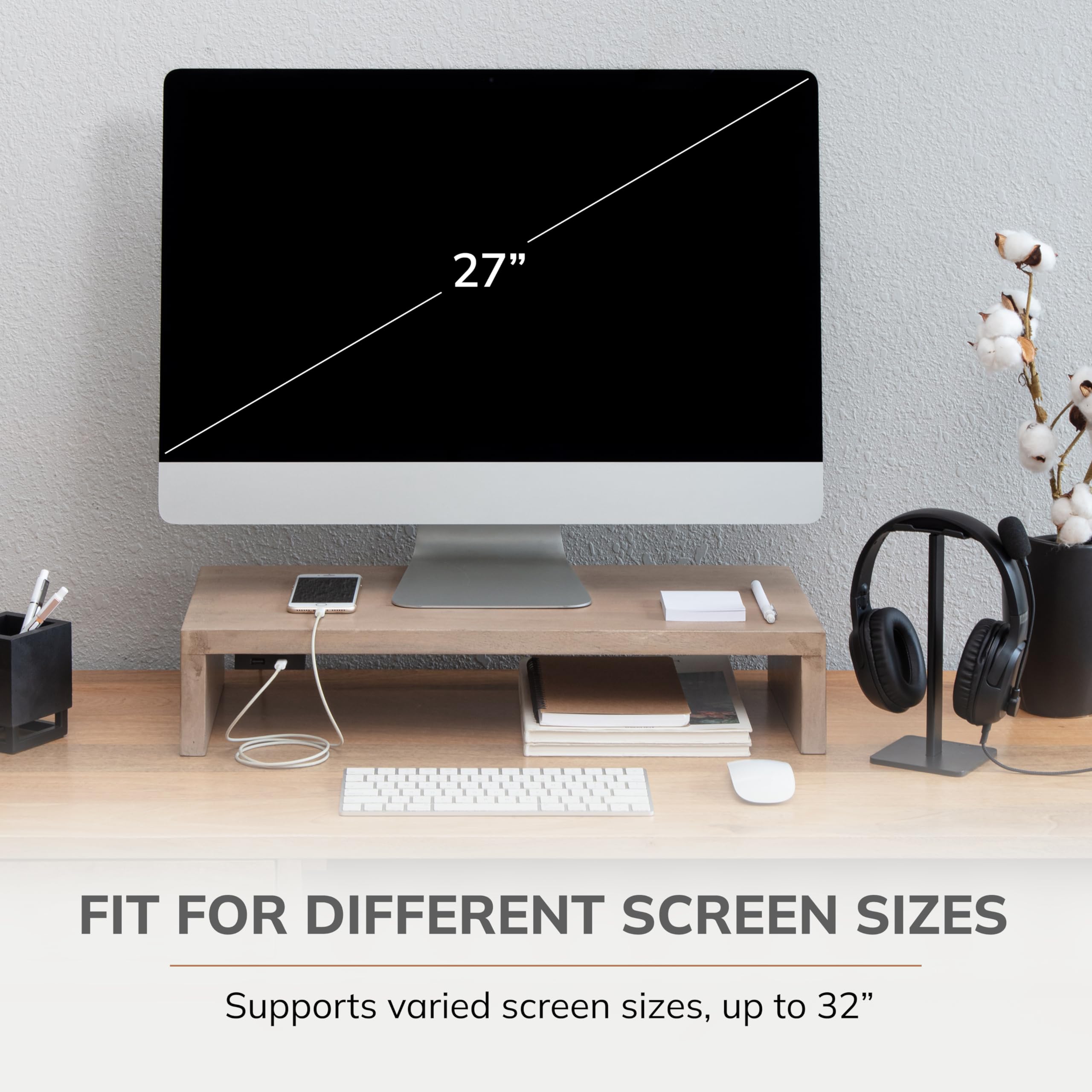 Anji Mountain Wooden Monitor Stand - Elegant Monitor Riser,Perfect Monitor Stand For Desk Organization, Durable Wood Construction Monitor Stands,Enhances Ergonomics And Workspace Efficiency,White Wash