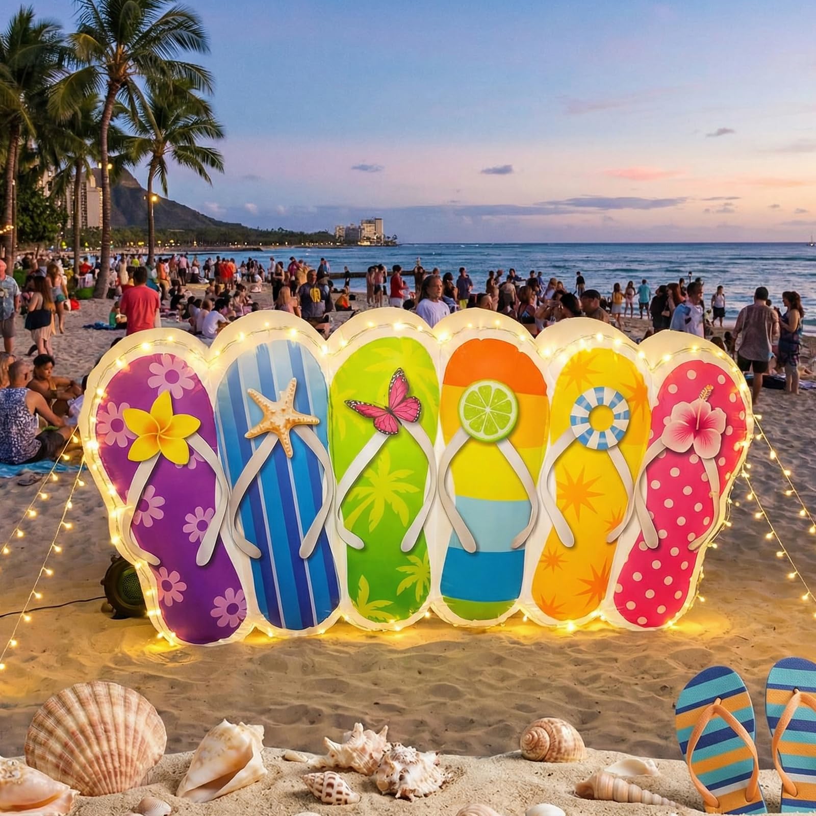 Photo 1 of VIHOSE 5 FT Summer Inflatable Flip Flop Blow Up Slipper with Built in LED Lights Oversized Party Decoration for Pool Beach Lawn Yard Hawaiian Luau Tropical