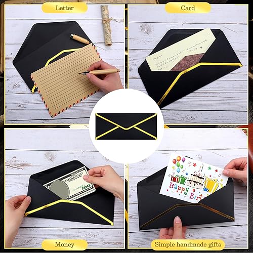 Miniatura 6 de Outus Paquete de 100 sobres de negocios #10 con borde dorado, 100 calcomanías doradas, sobres de correo autoadhesivos negros, tamaño carta, para