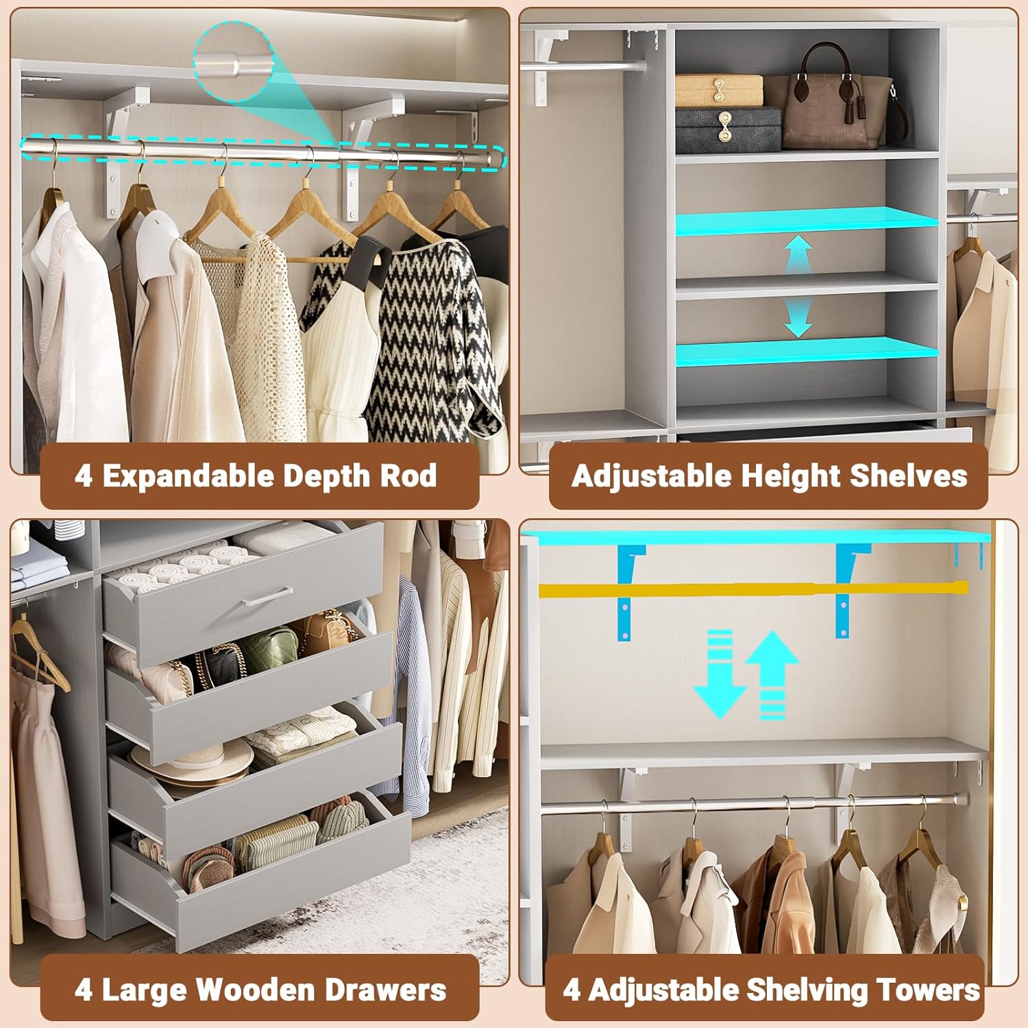 Aheaplus Closet System with 4 Drawers, 8FT Wood Closet Organizer System, Walk-in Closet Wardrobe Clothes Garment Rack, Fits Spaces 4-9 ft, Grey
