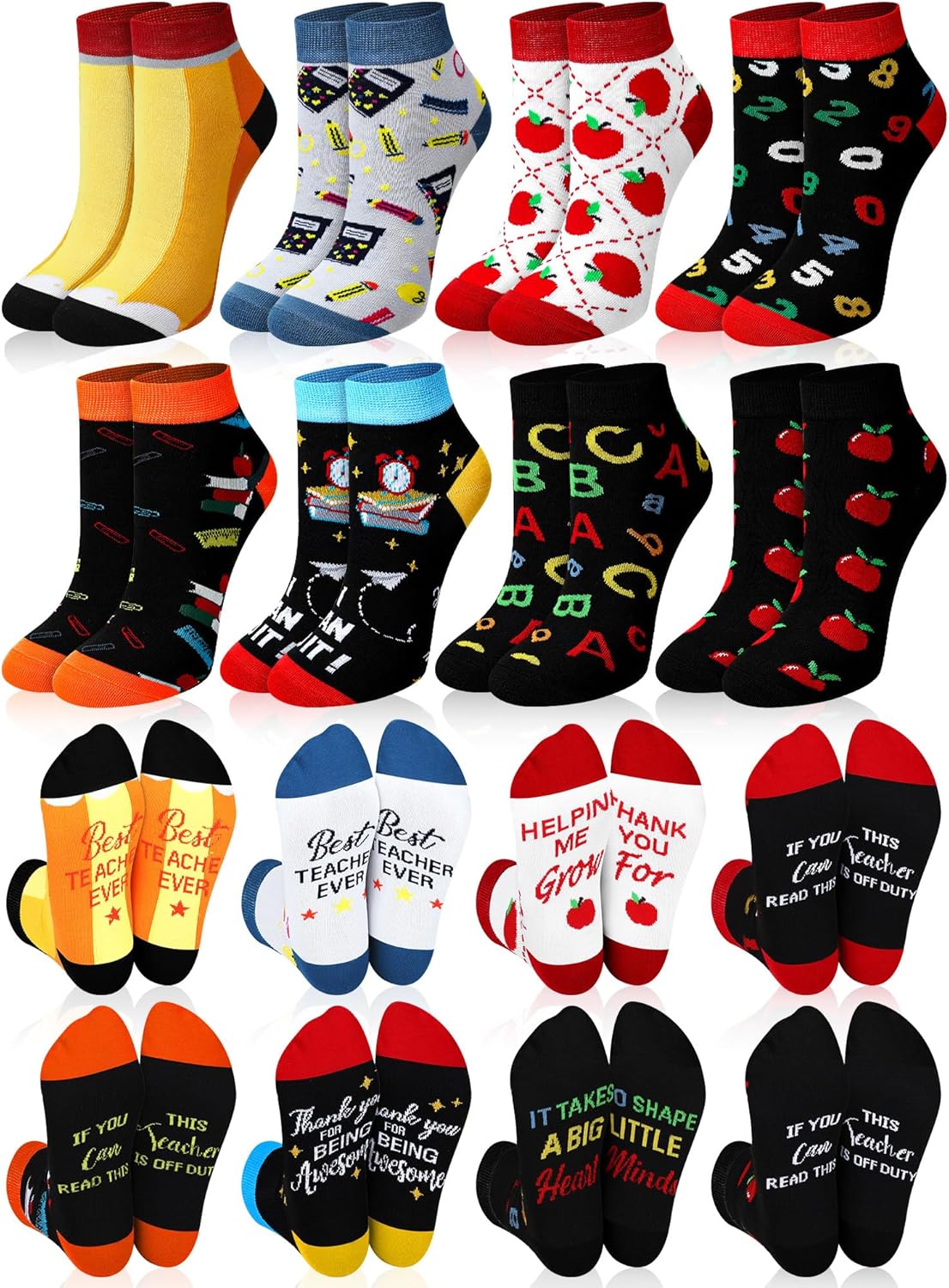 Sintege 8 Pairs Novelty Teacher Socks for Women Apple and Pencil Ankle Short Socks Funny Holiday Teacher Appreciation Gifts Back To School Gifts