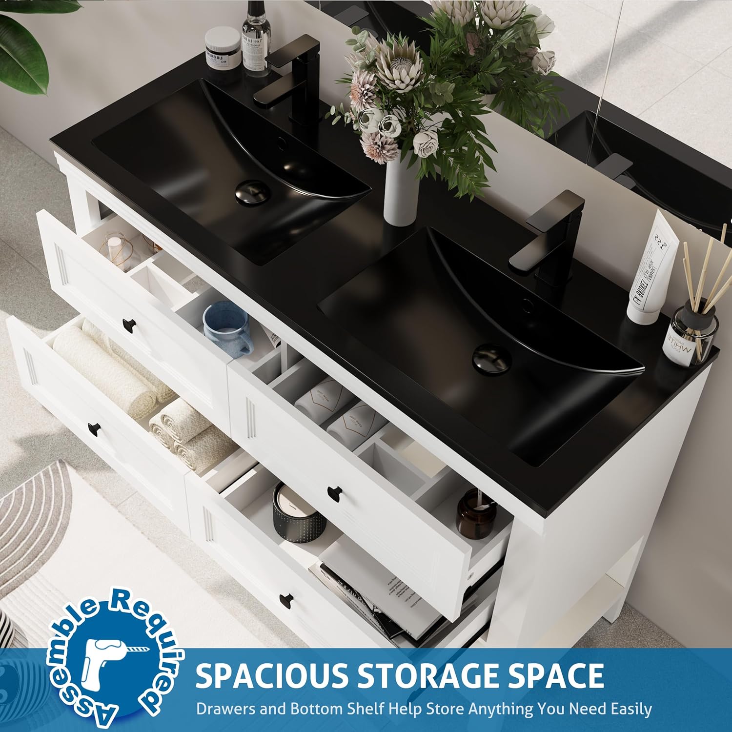 eclife 48" Bathroom Vanity with Sink Combo, Modern Painted Vanities Cabinet with Big Drawers, Opening Bottom Shelf, Raised Foot Pads, Include Undermount Black Sink, Faucet & Drain, White