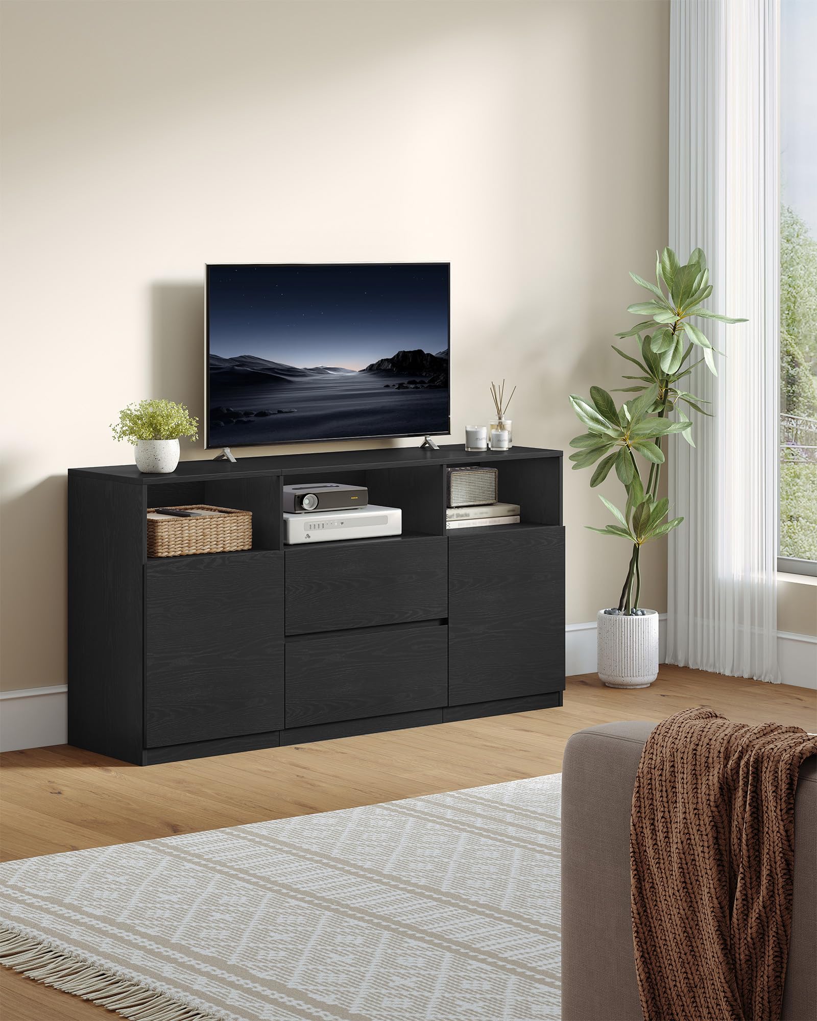 Hzuaneri Mueble de TV, con Luces LED, 147 x 40 x 76 cm, Negro | Mesa de TV de hasta 65 Pulgadas, 2 Cajones, 2 Gabinete y 3 Compartimentos, para Salón, Dormitorio, TV17004XEU