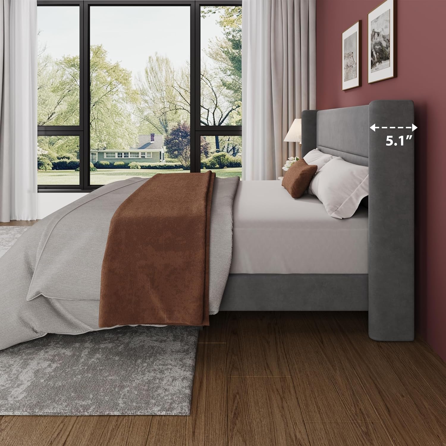 King Size Bed Frame with Wingback Headboard, Velvet Upholstered Platform Bedframe with Wood Slats, No Box Spring Needed, Easy Assembly, Grey