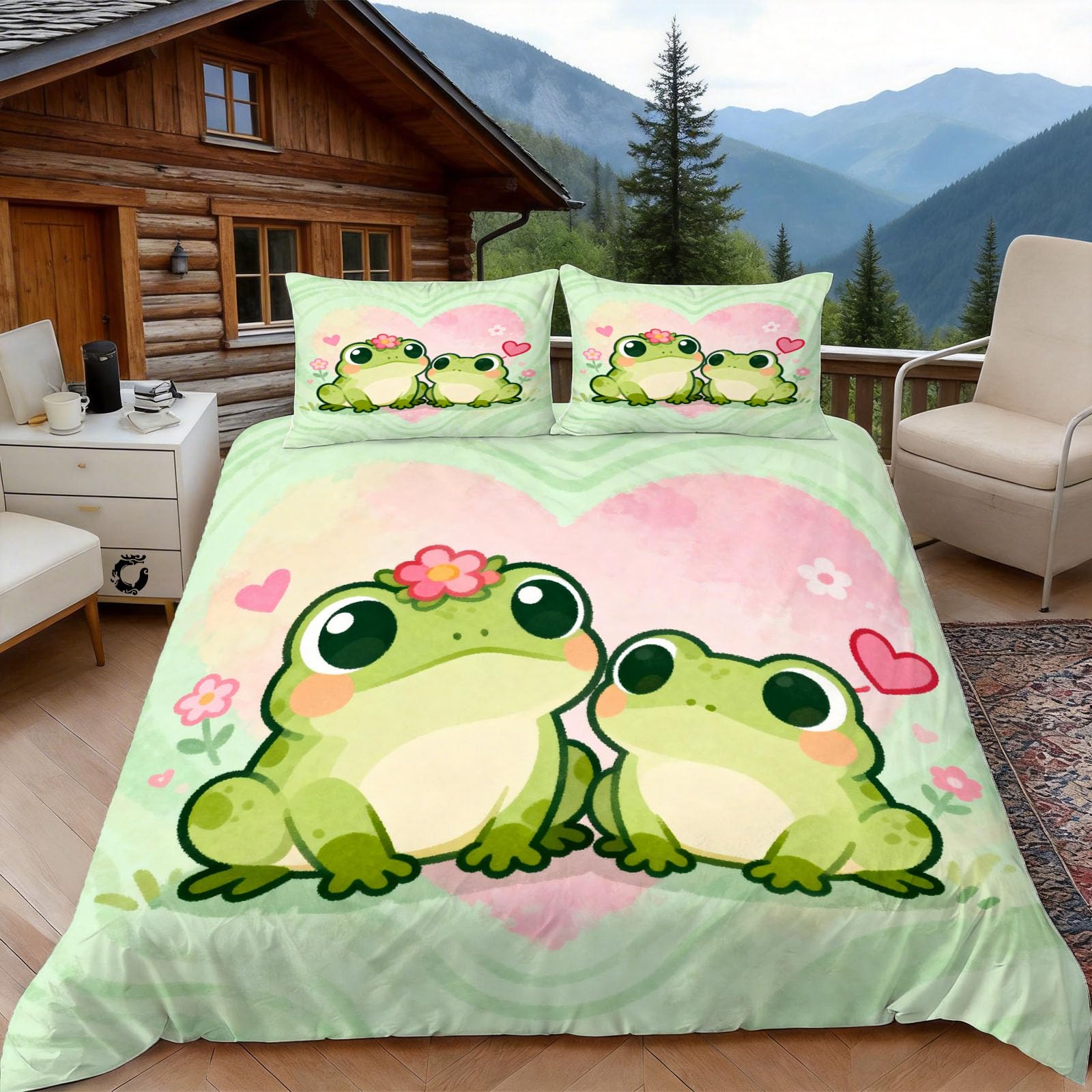Housse de couette 140x200 grenouille en microfibres avec 2 taies d'oreiller