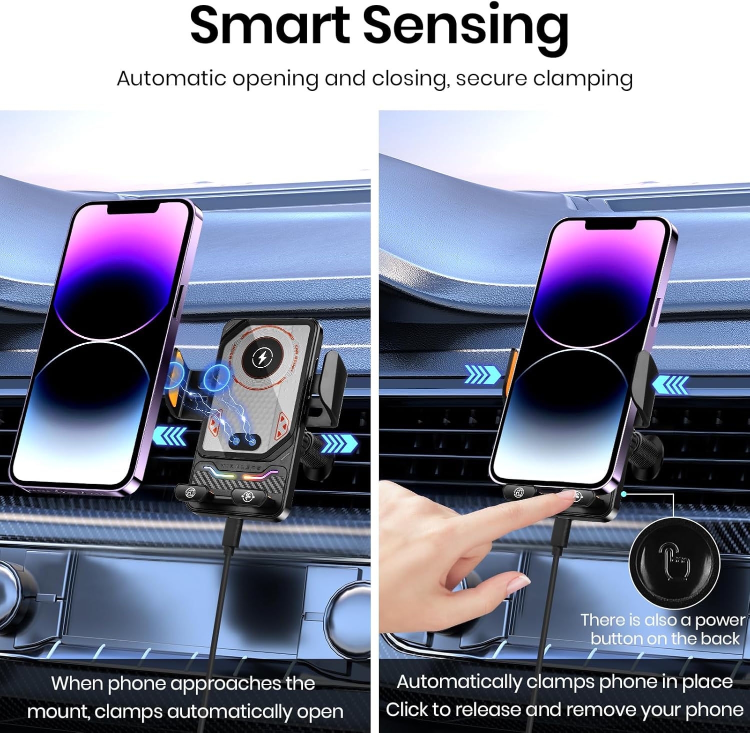 Car Phone Charger Holder, Smart Auto-Clamping Fast Charging Car Phone Holder with Atmosphere Lights, Rotating Air Vent Mount Compatible with All Smartphones (Black)