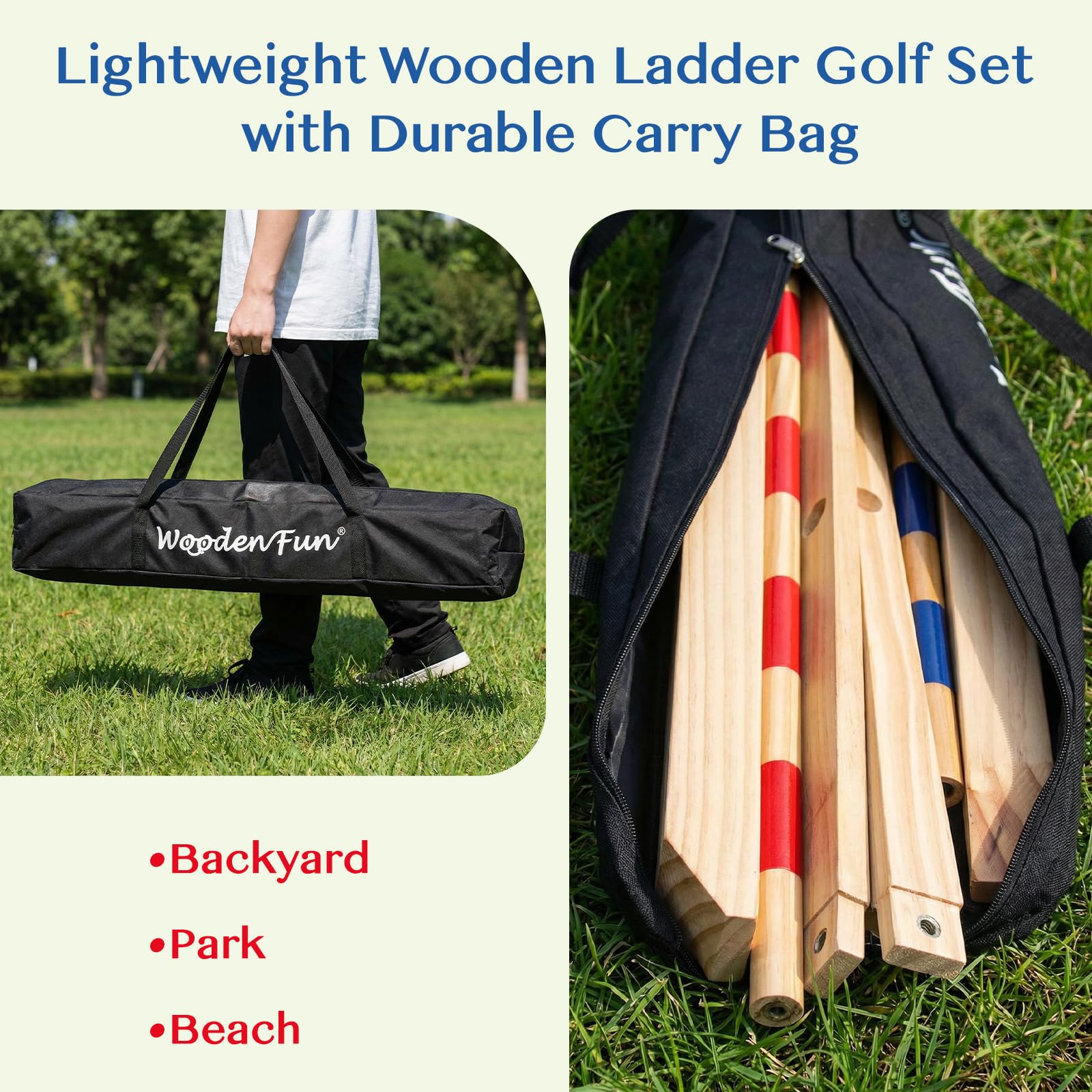WOODENFUN Juego de escalera de golf de madera para exteriores con 9 bolas y bolsa, juego de interior y lanzamiento para adultos y niños a partir de 3 años, 90 x 62 x 58 cm
