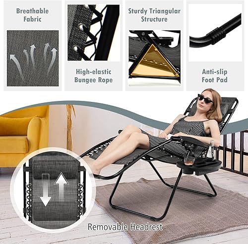 Miniatura 7 de Tangkula Juego de 2 sillas de gravedad cero, sillas plegables para patio, reclinables ajustables al aire libre con soporte para tazas, reposabrazos