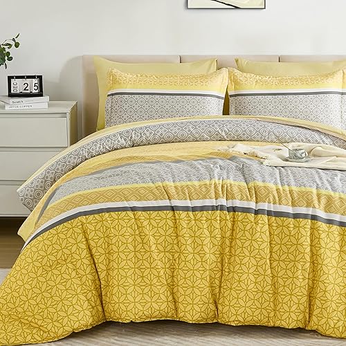 WONGS BEDDING Juego de edredón amarillo tamaño Queen, juego de edredón y sábanas de 7 piezas a rayas en una bolsa, juego de ropa de cama bohemio
