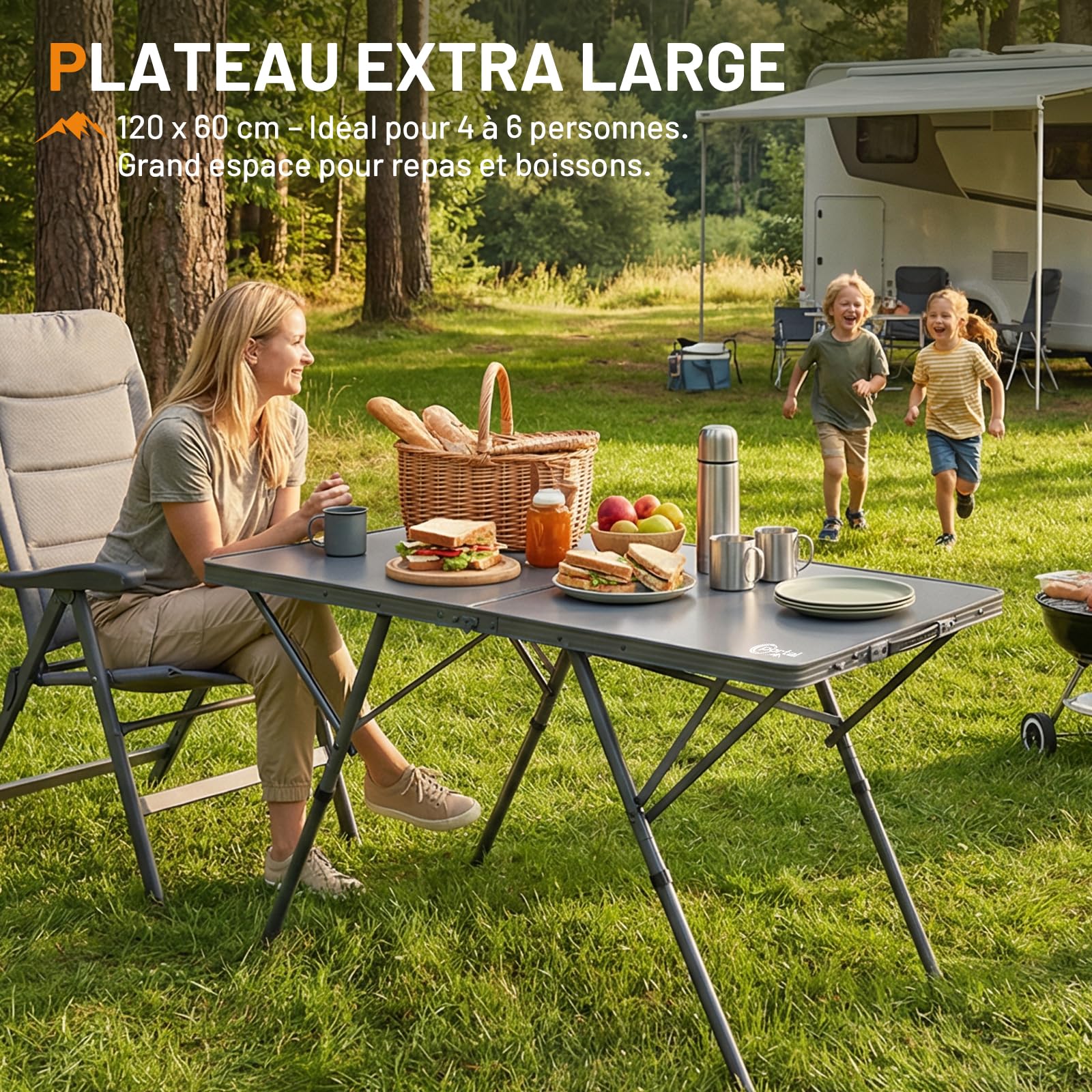 Portal Table de camping pliable - 120 x 60 cm - Extra large - En aluminium - Hauteur réglable - Pour 4 à 6 personnes - Table pliante - Idéale pour pique-nique, jardin, balcon, fête, camping-car