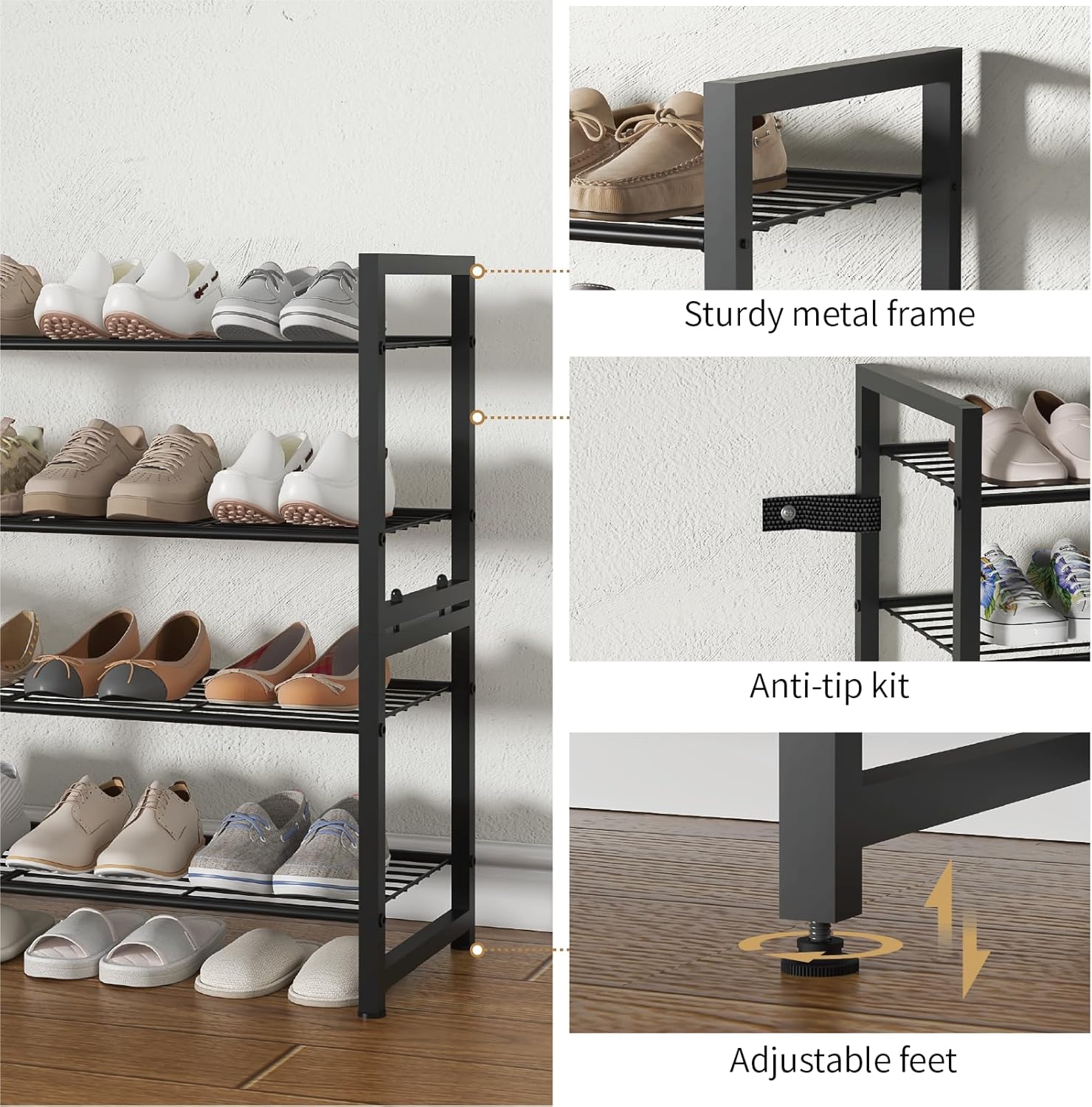 Stackable Shoe Rack, 4 Tier Metal Shoes Rack Storage Organizer,Large Capacity Shoe Shelf Holds 24 Pairs of Shoes,Sturdy and Stable, for Closet, Entryway,Garage，Black