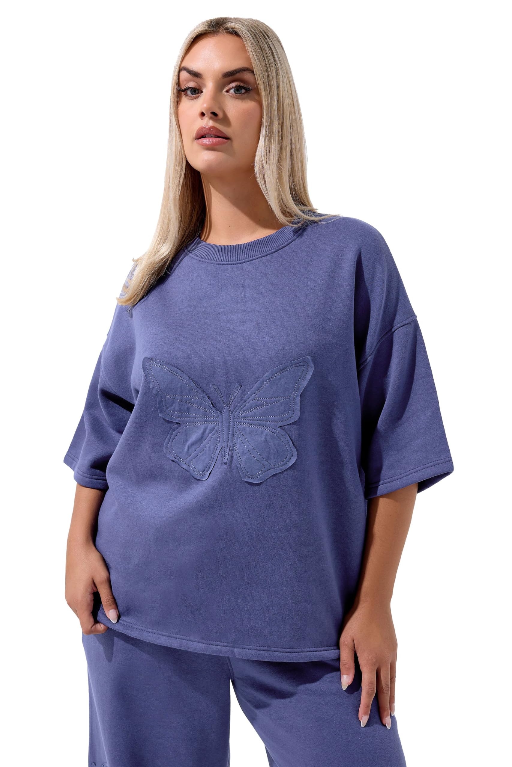 Yours Women's Purple Limited Collection Curve Navy Blue Embroidered Butterfly Oversized Sweat T-Shirt - Plus Size Curve
