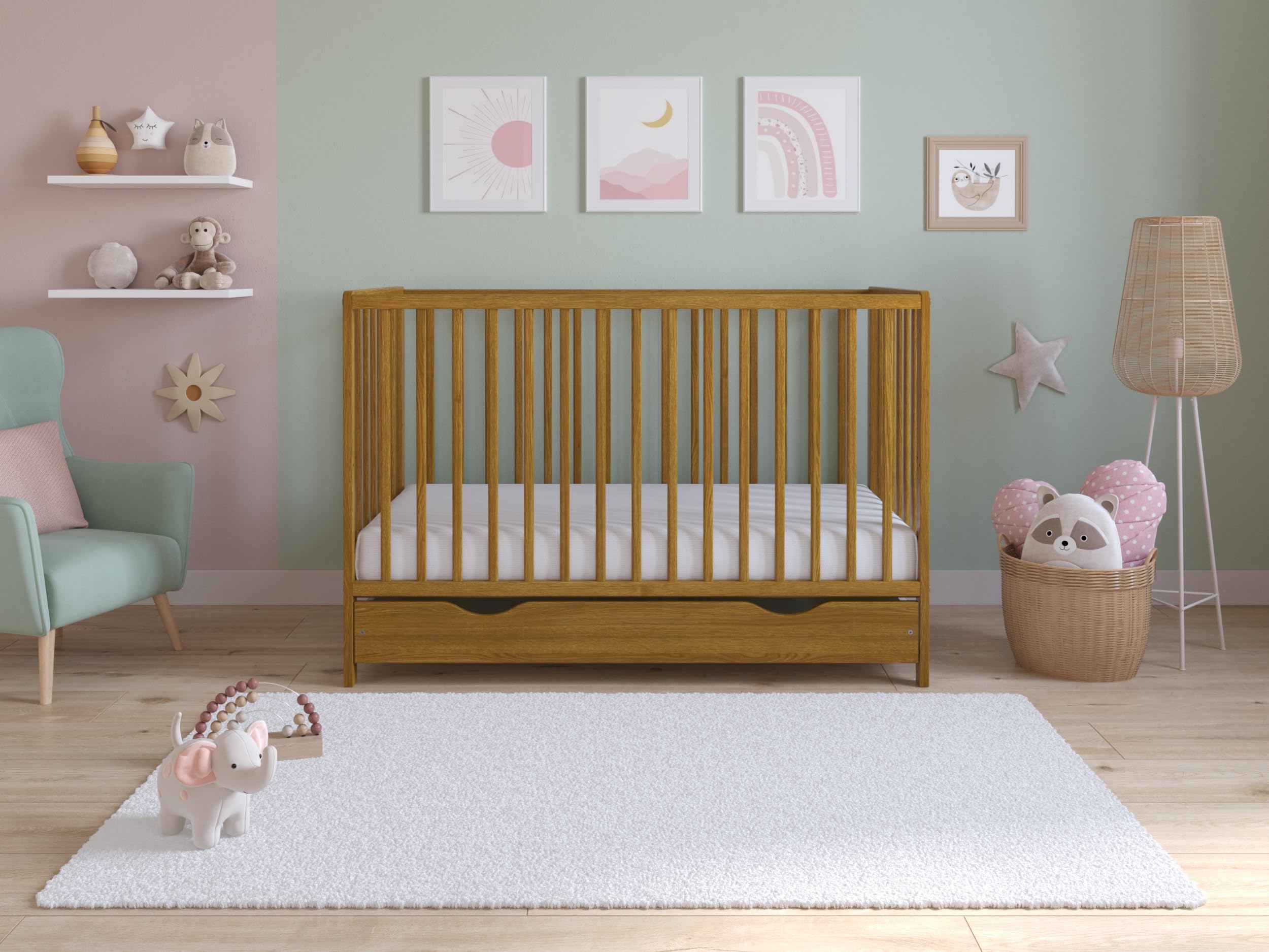 Love For Sleep Asher Lit Bébé 120x60 cm avec Matelas en Mousse Microfibre Matelassée – Lit Enfant en Bois Convertible avec Grand Tiroir et Barrière de Sécurité Incluse Chêne Doré