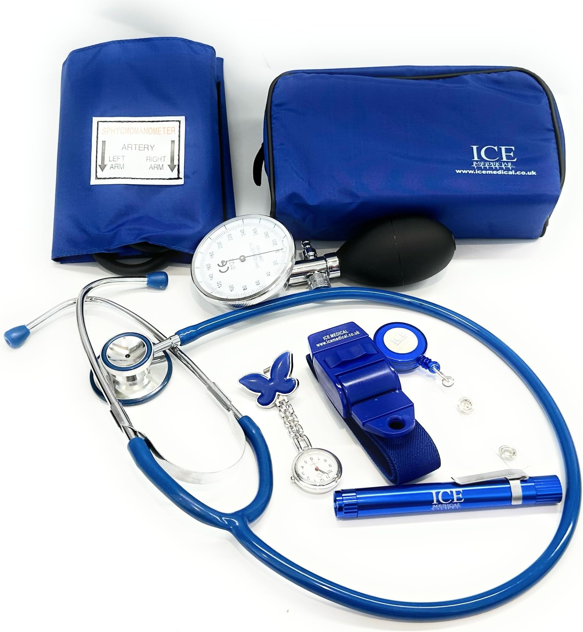 Aneroid Blood Pressure Sphygmomanometer Monitor, Stethoscope, Pen Light (Pen Torch), Tourniquet, Nurse Watch, Lanyard ID Card Holder - Starter Set (Blue with Butterfly Watch)