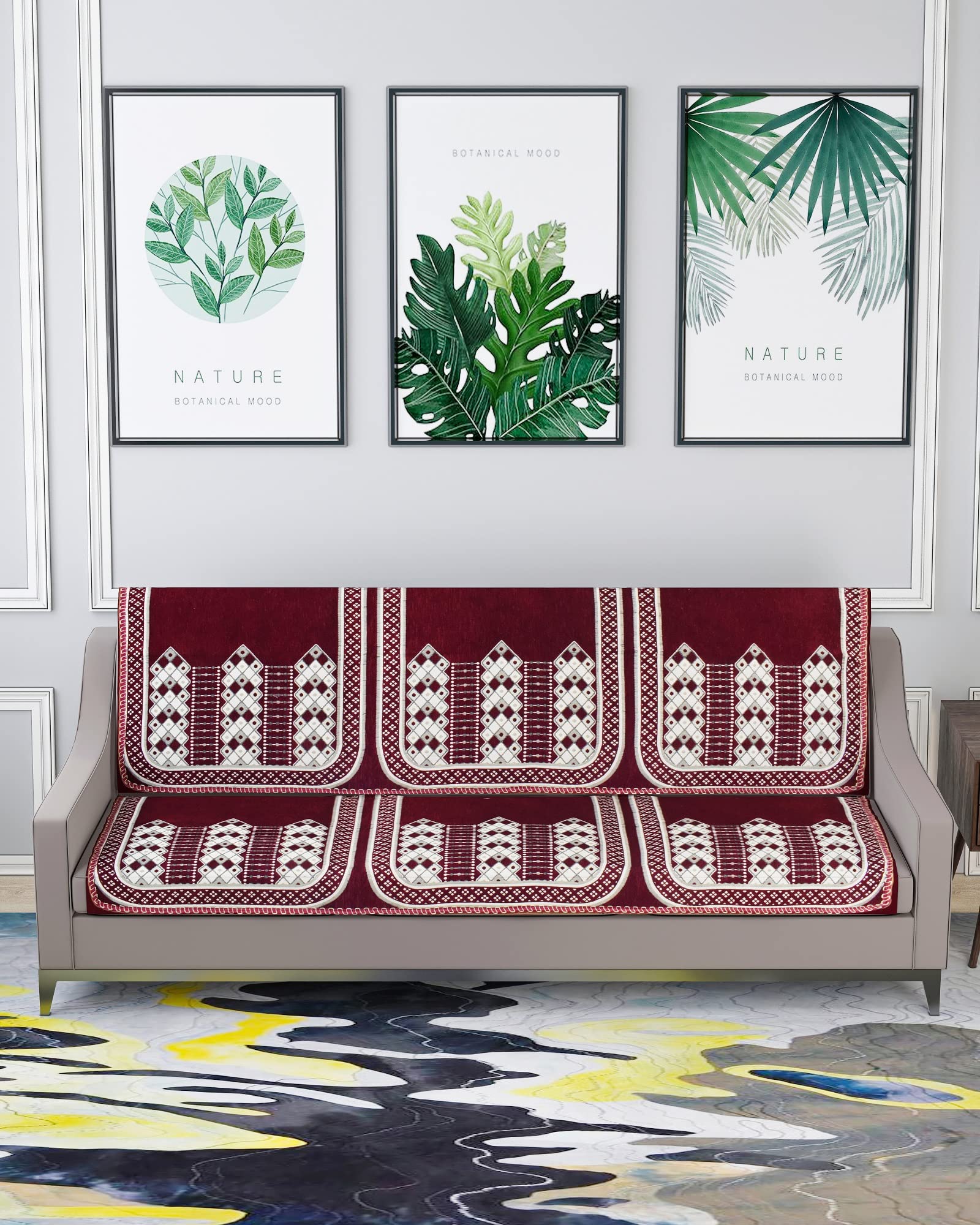 Nendle Luxurious Abstract Design Sofa Cover 3 Seater Velvet| 3 Seater Sofa Cover for Living Room, Drawing Room and Hall (Pack of 2, Maroon)