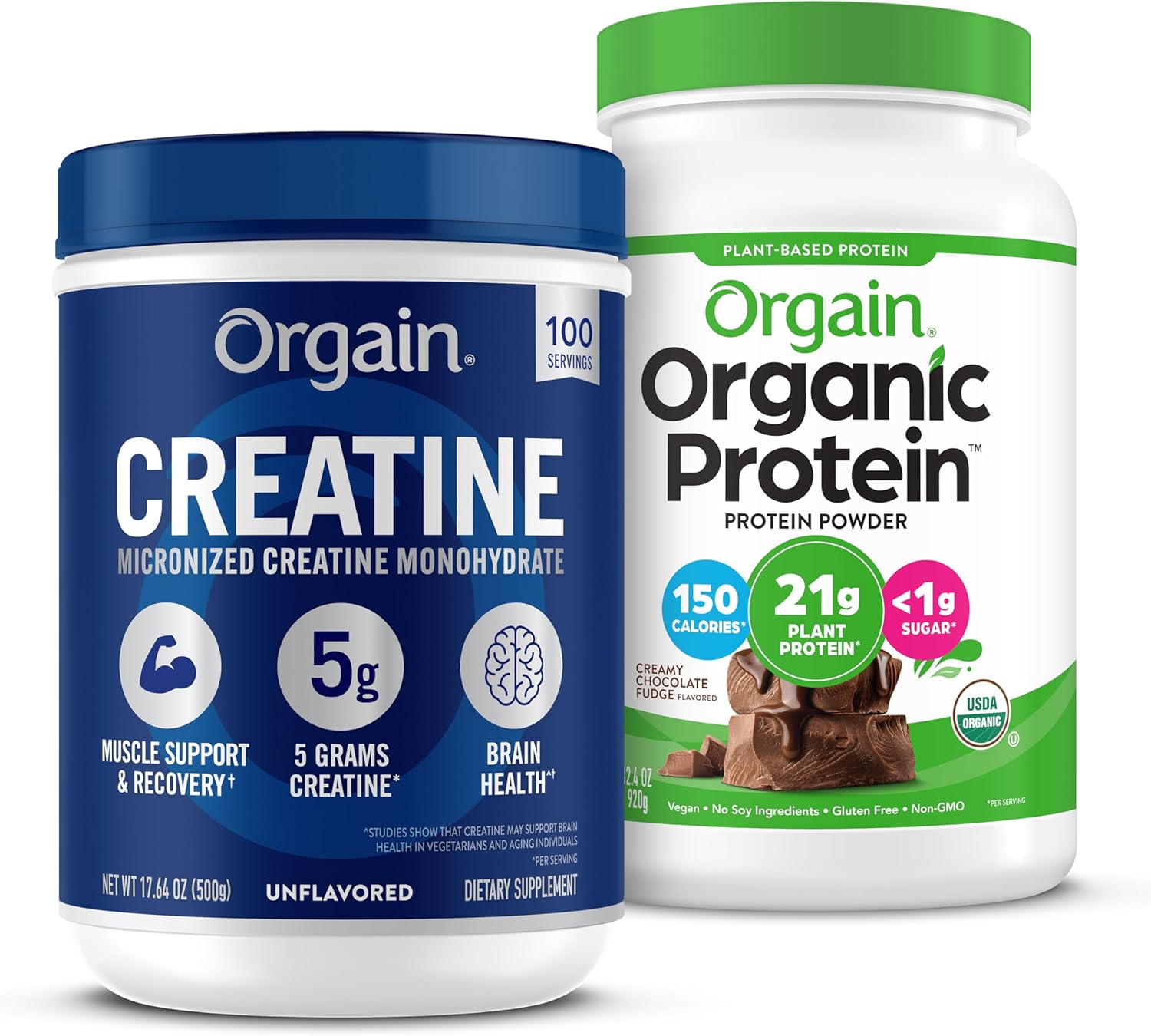 Orgain Creatine Monohydrate Powder (17.64 Oz, 100 Servings) & Organic Vegan Chocolate Fudge Protein Powder (2.03 lb) Bundle - Plant-Based Protein & Muscle Support