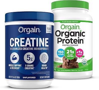 Orgain Creatine Monohydrate Powder 17.64 Oz, 100 Servings & Organic Vegan Chocolate Fudge Protein Powder 2.03 lb Bundle - Plant-Based Protein & Muscle Support