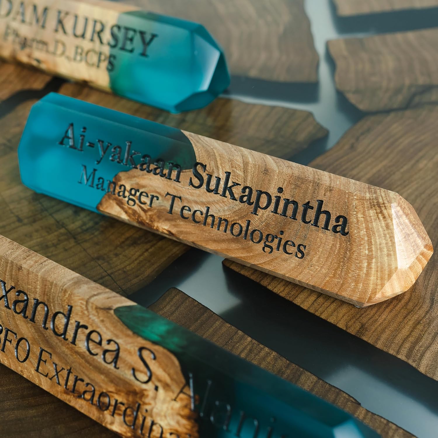 RWA Custom Desk Name Plate Personalized - Epoxy Wood Office Decor for Men & Women – Unique Office Desk Accessories for Professionals - Cute Name Plate for Desk – Custom Gift Name Tag, Blue/dark