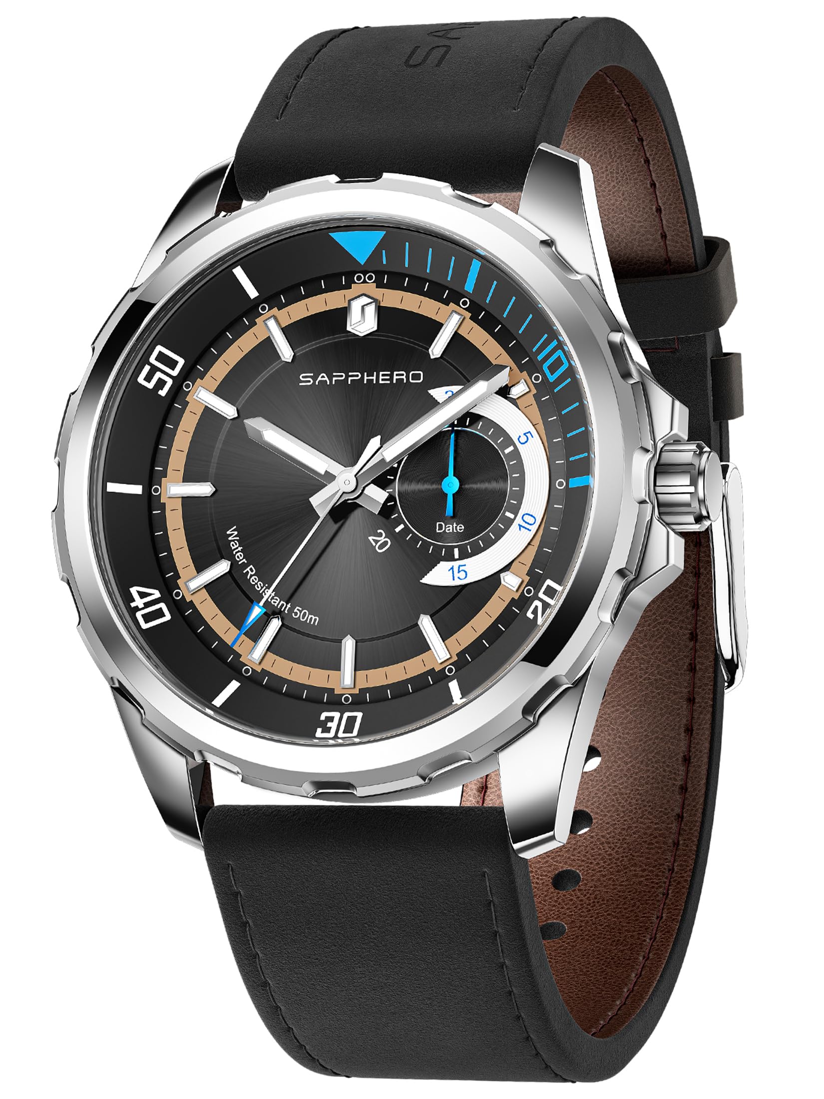 SAPPHERO Orologio analogico al quarzo da uomo, quadrante con datario e numeri arabi, impermeabile 50 m, luminoso, stile business e sportivo, cinturino in acciaio inox e pelle, elegante regalo per lui