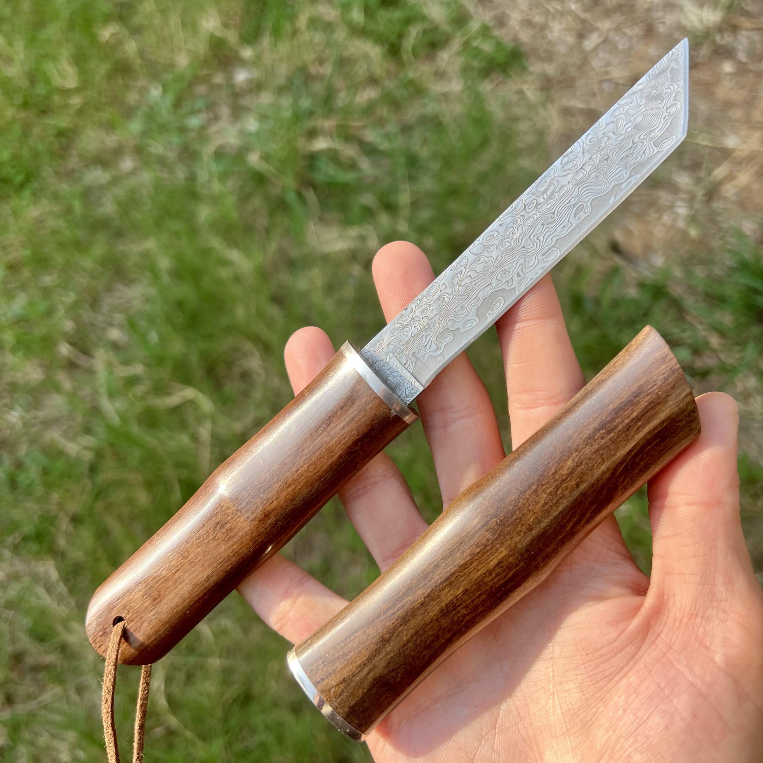 Couteau Damas Tanto Camping Lame Fixe Acier Damascus Style Japonais Manche Intégral Bois Collection Custom Cadeau Homme Suminagashi VG10 forge artisanat tranchant camping exterieur