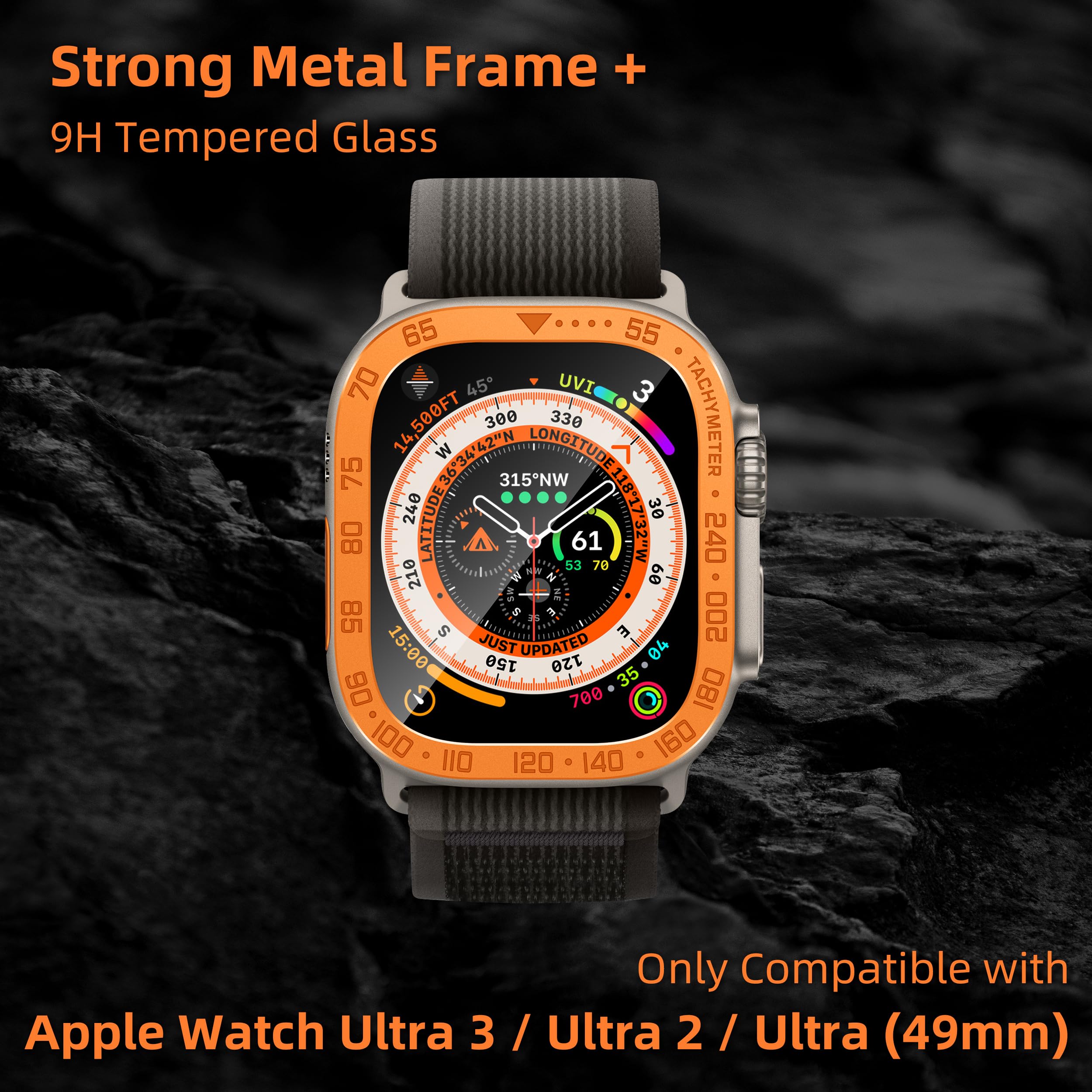 SWUU 2 Pack Panzerglas Schutzfolie mit Rahmen aus Titanlegierung, kompatibel mit Apple Watch Ultra 3 / Ultra 2 / Ultra Displayschutzfolie 49 mm, wasserdichte HD-Folie für iWatch Ultra S3, Orange