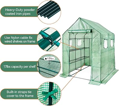 Walk In Greenhouse With Shelves,Plastic Growhouse Frame for Garden,12 Tiers Green House With Reinforced PE Cover and 4 Windows,143 x 143 x 195cm,for Indoor Outdoor Seeding and Plant Growing