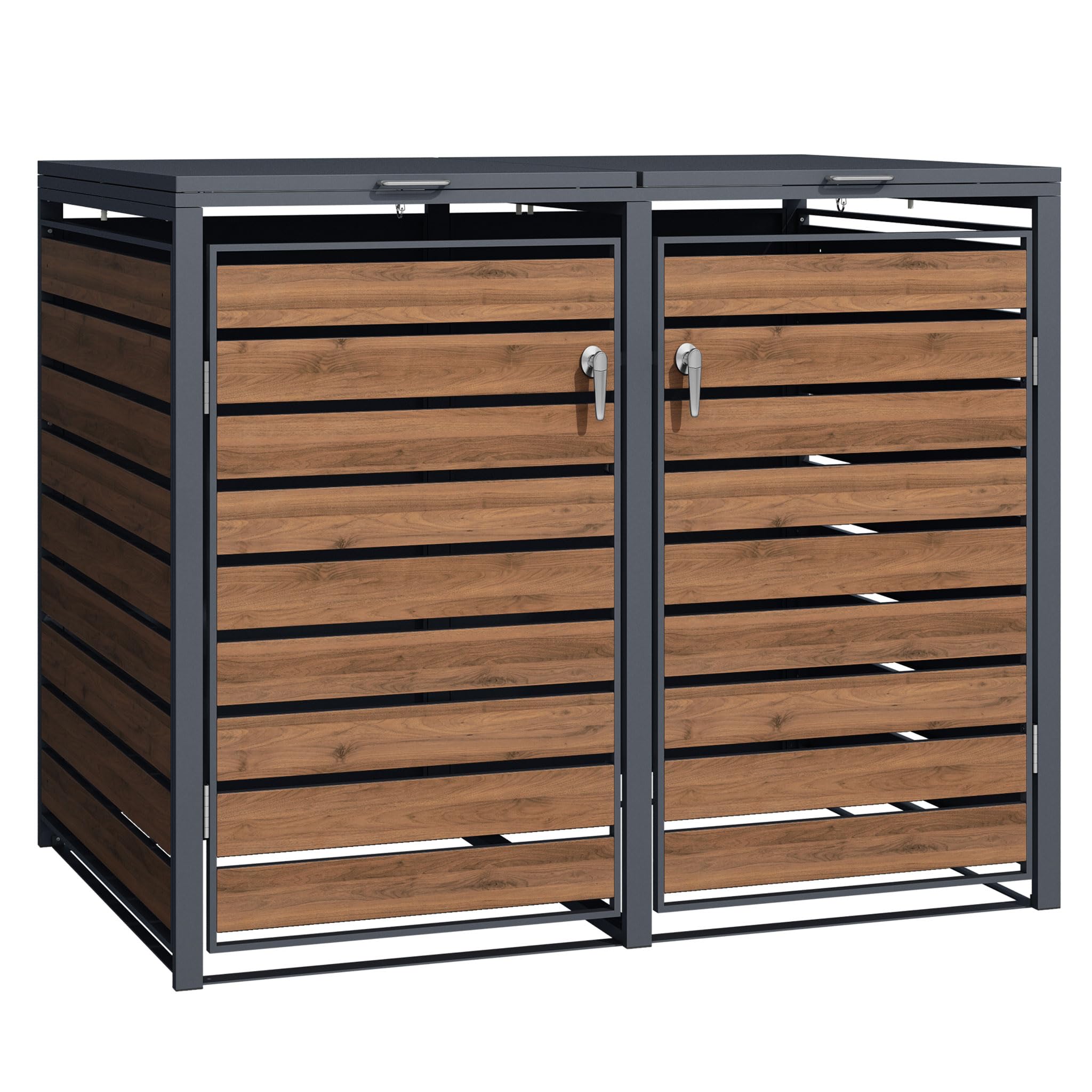 Wiltec Abri de Poubelle Double – 1420 x 980 x 1160 mm – pour Deux poubelles de 60 à 240 L – Design Bois – en Acier – avec Couvercle à carnière – Range Coffre Poubelle verrouillable