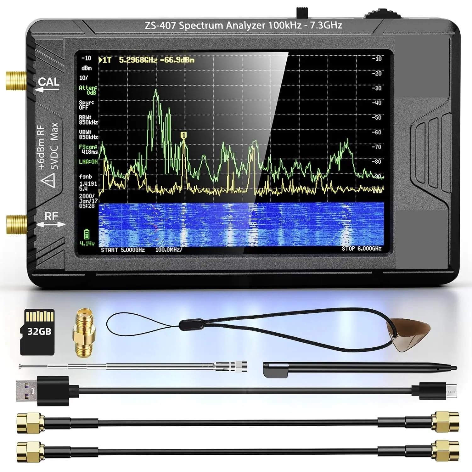 Analizador de espectro portátil de 100 kHz-7,3 GHz con generador de señal, pantalla táctil de 4", batería de 5000 mAh