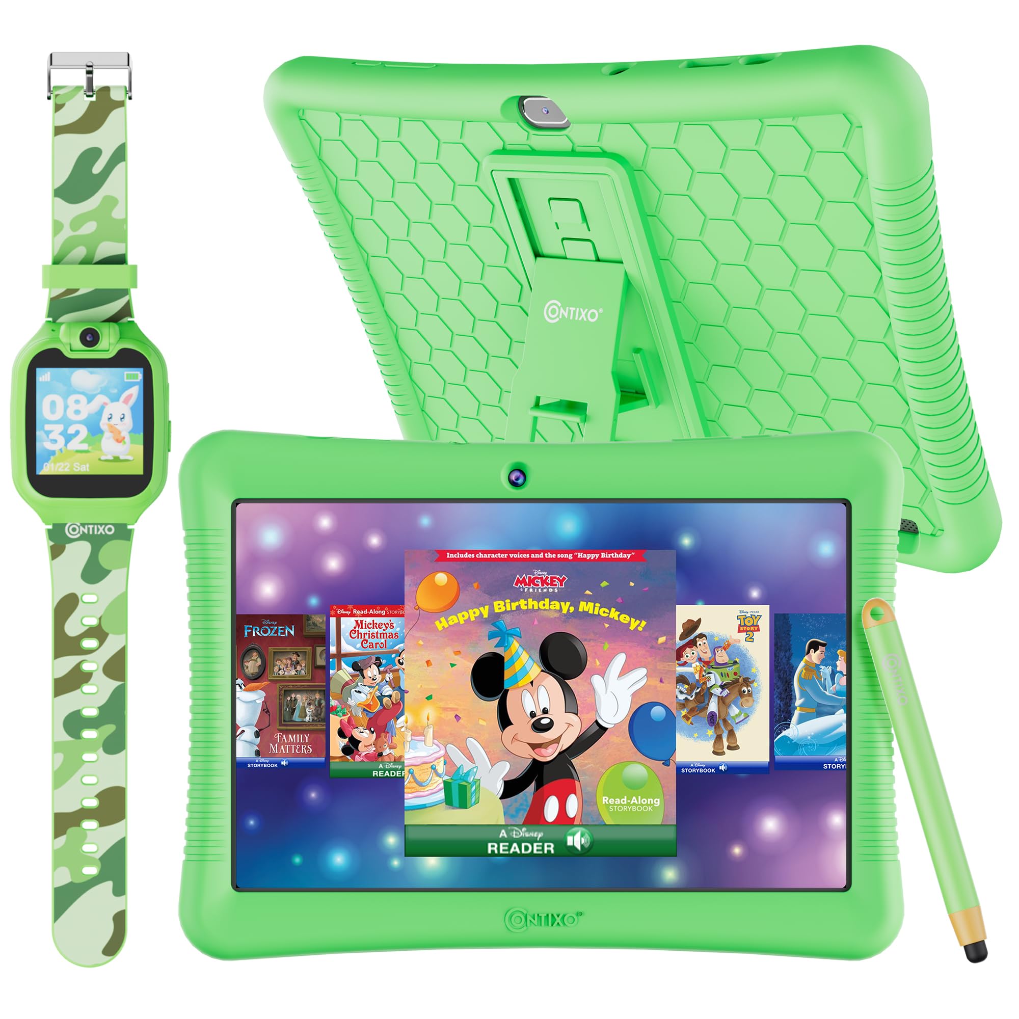 Contixo K102 10" Android Tablet and KW1 Kids Smartwatch - 32GB, Includes 80+ Disney Storybooks, Educational Watch with Games, Camera, Music Player,