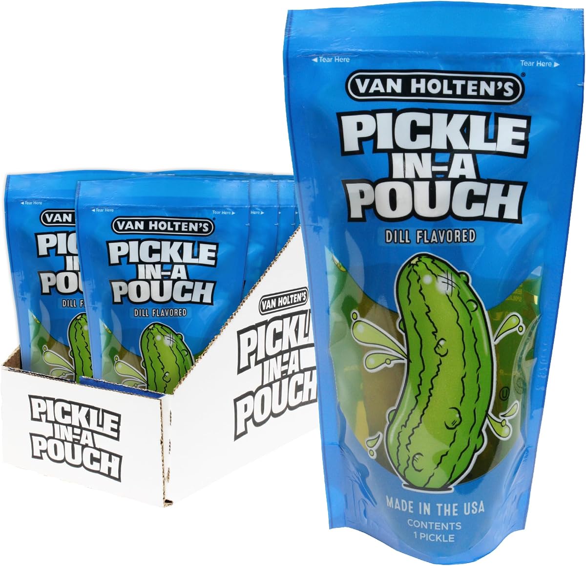 Van Holten's Jumbo Dill Pickle-In-A-Pouch, Classic Dill Snack Box, 12 Pack | Classic dill jumbo pickle in a resealable pouch, shelf-stable snack, gluten free, fat free, individually wrapped