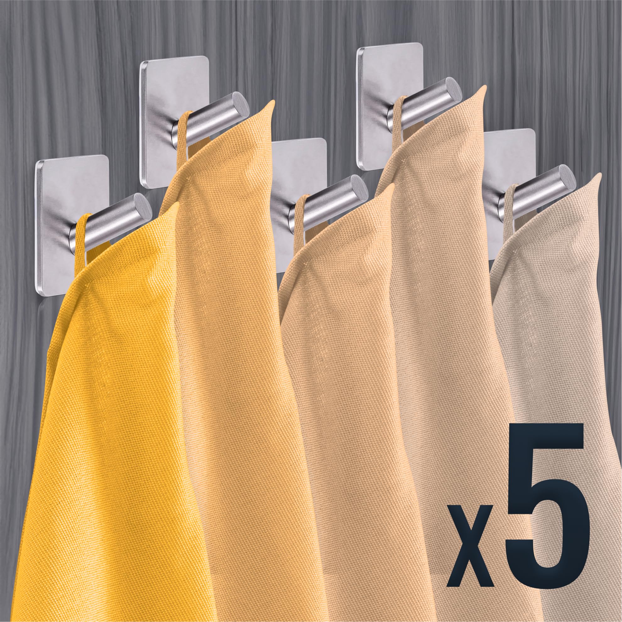 RICOO 5 Pièces Crochet Adhesif Mural MH021-5, en Acier Inoxydable Idéal pour Salle de Bain et Cuisine Montage sans Percer Design Moderne et Élégant Silber