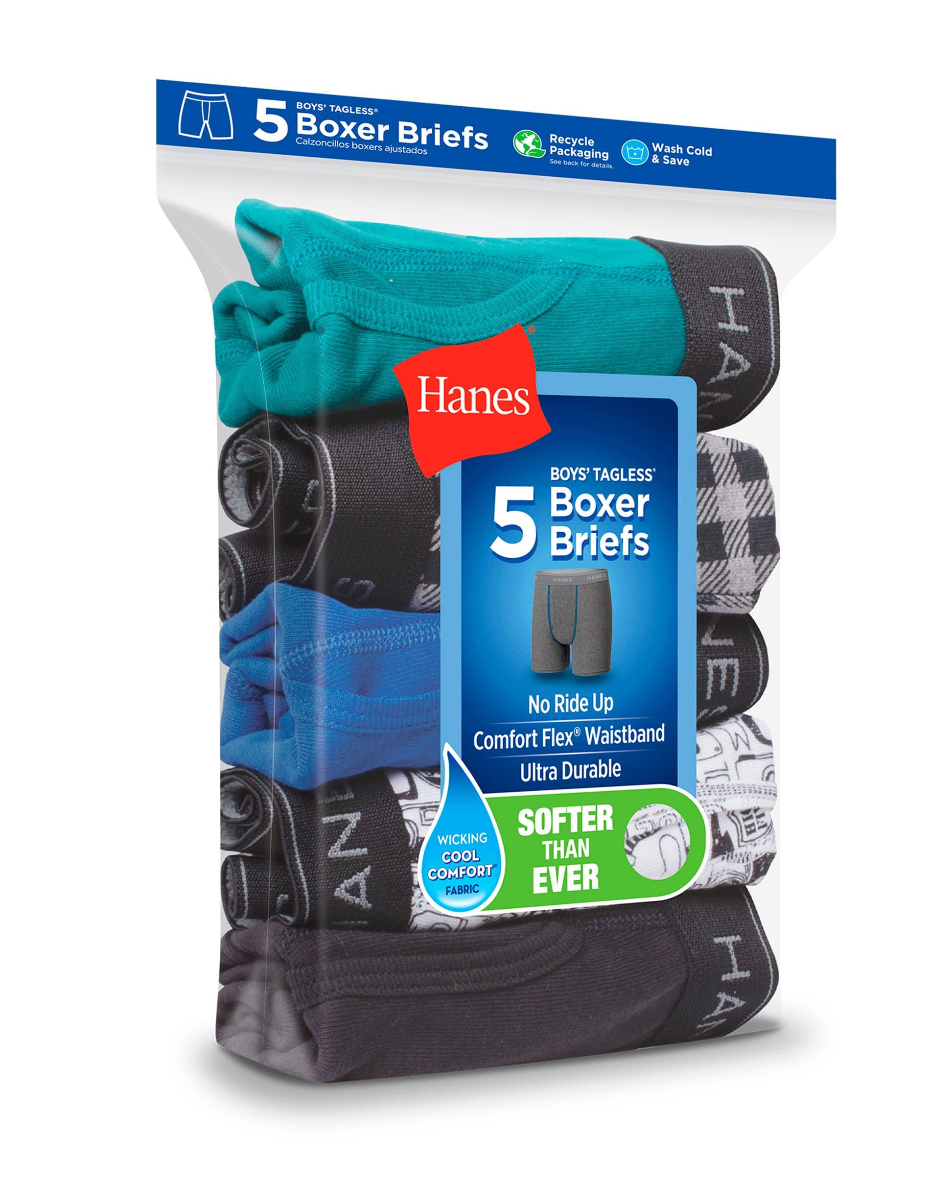 Hanes Calzoncillos tipo bóxer estampados para niños con cintura cómoda y flexible, paquete de 5