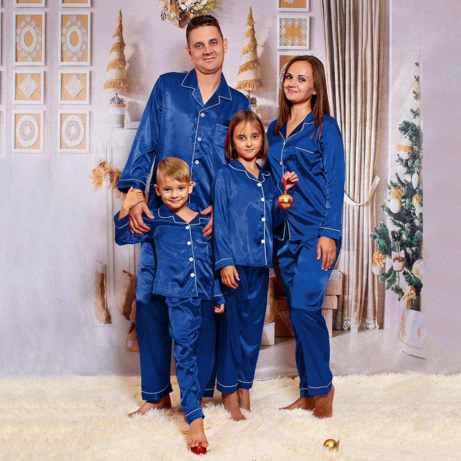 Sheey Seda Pijamas Navidad Familia Conjunto de Pantalones y Pijama Color Sólido Rojo Trajes Familiar Talla Grande Ropa Pijama Hombre Invierno Bebé Niños Mujer Otoño Chaqueta Abrigo Jersey