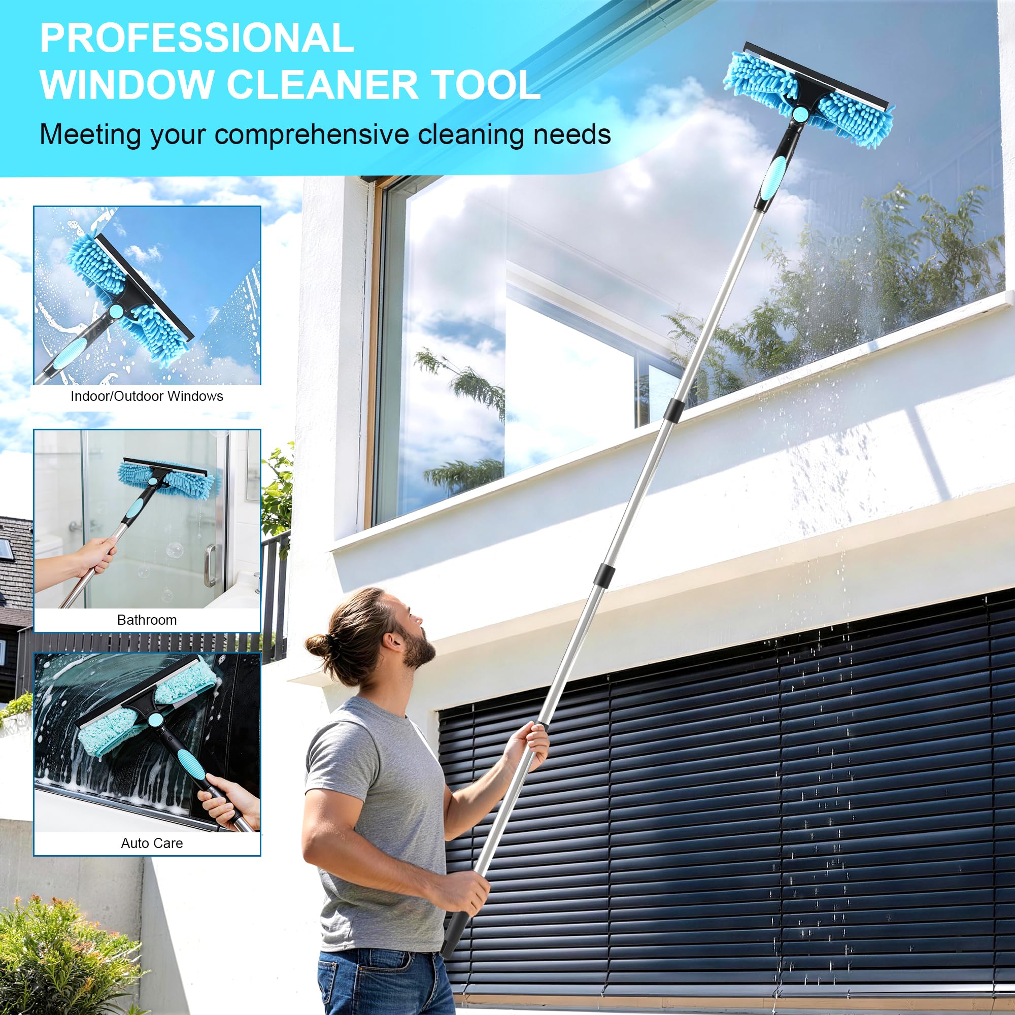 3 en 1 kit Nettoyage vitre 170 cm，Lave vitre telescopiqueavec Manche Long, Mouilleur vitre Professionnel avec Manche Télescopique 4 Sections, pour Fenêtres Hautes, l'Extérieur, Verre，Salle Bain
