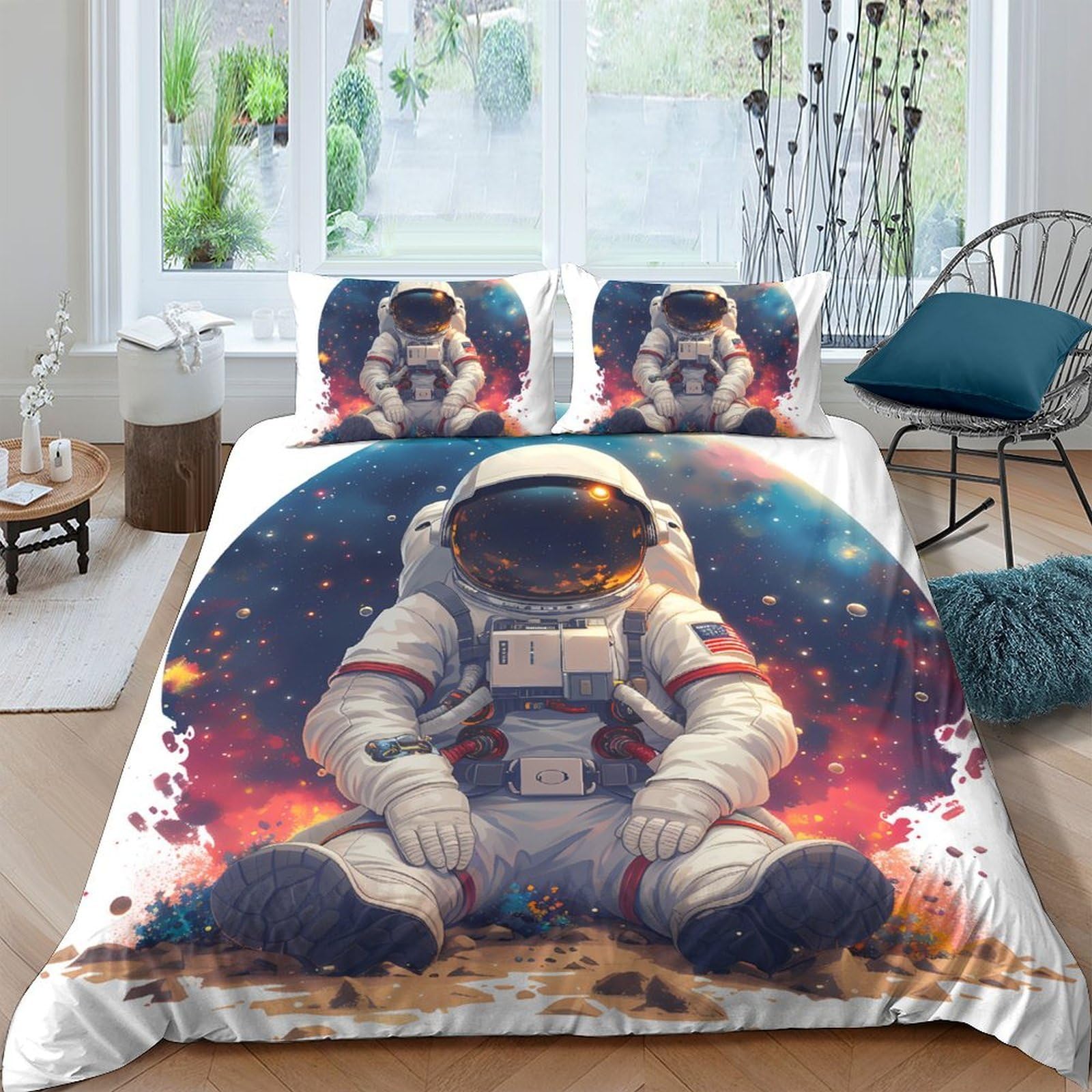 GPLZQXKJNH 3D Printed Astronaut Space Duvet Cover Microfiber Soft Breathable Galaxy Bedding Set with 2 Pillowcases for Bedroom Single（135x200cm）