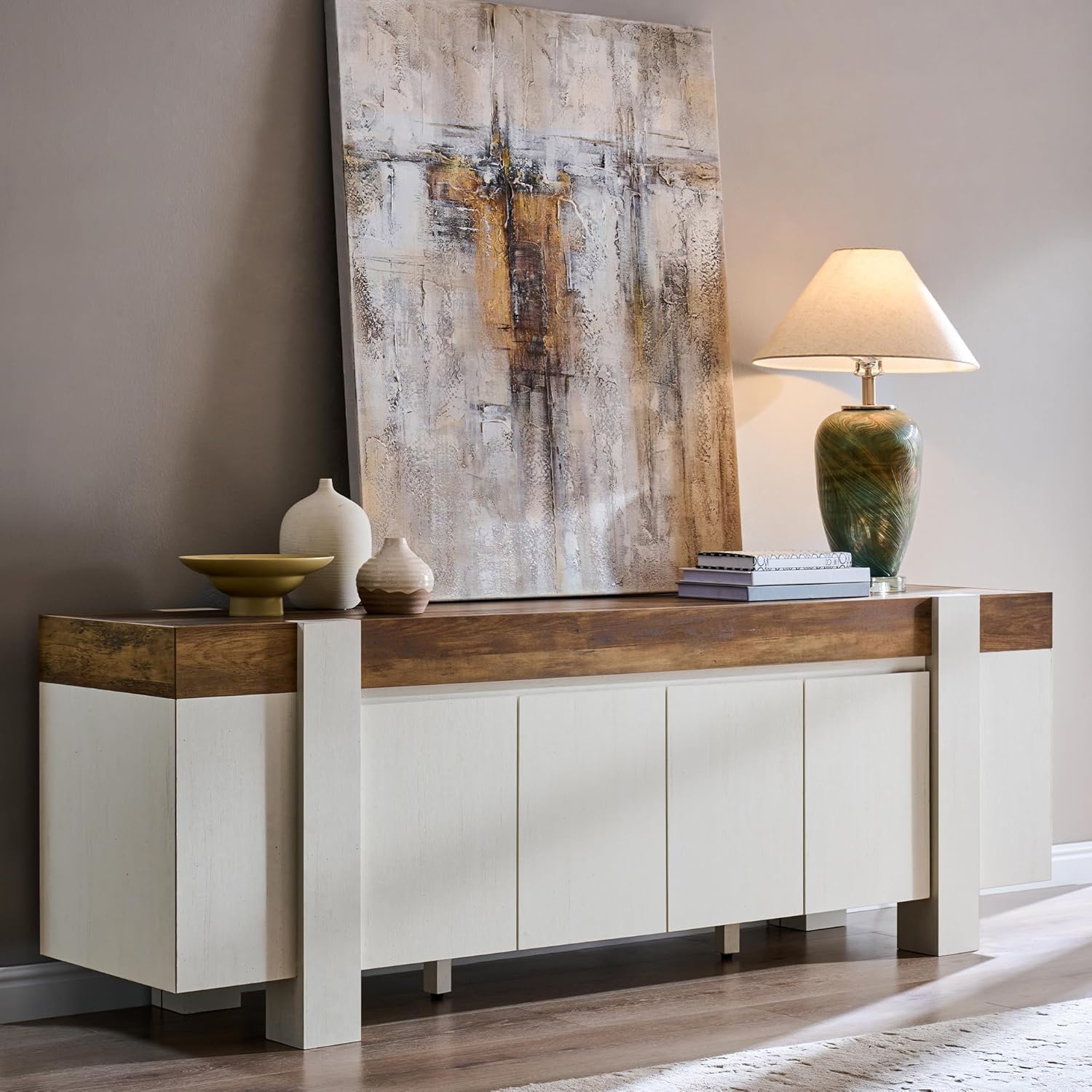 OKD Modern Farmhouse TV Stand, 70" Long Media Console Table with Storage Cabinet, Wooden Entertainment Center for Living Room, Antique White