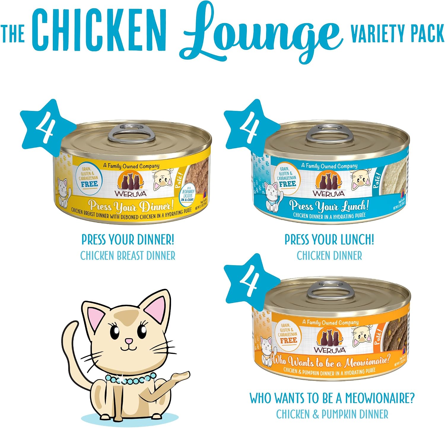 Weruva Wet Cat Food, The Chicken Lounge Paté Variety Pack, 5.5oz Can, Pack of 12